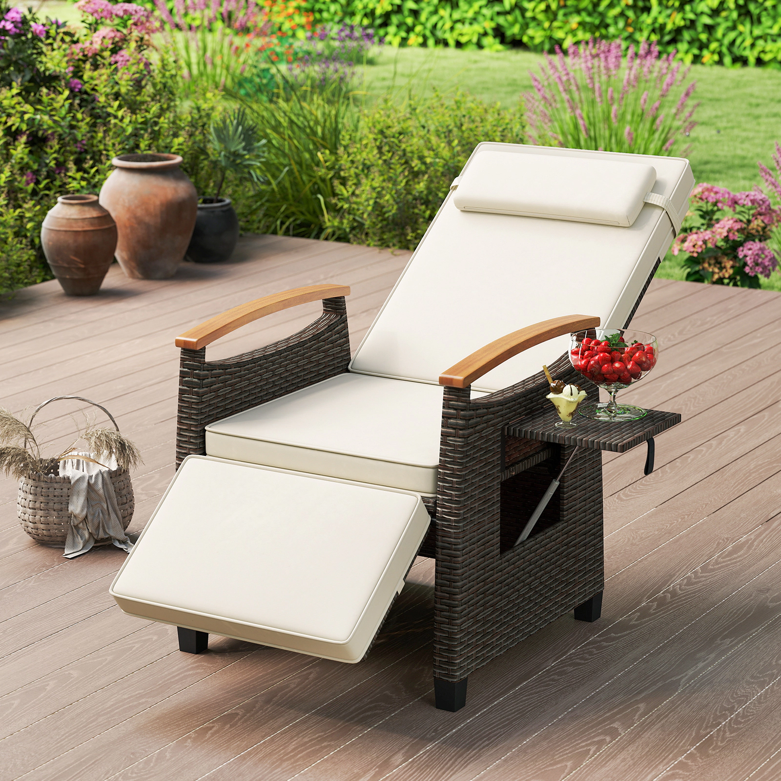 SUGIFT White PE Rattan Outdoor Recliner Chair with 150° Recline and Side Table