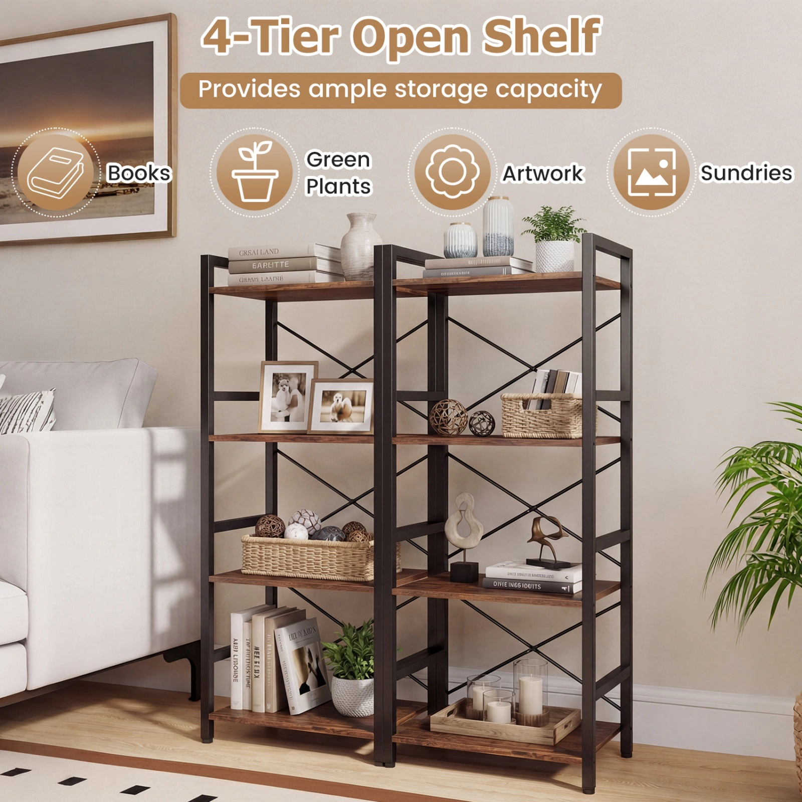 SUGIFT Rustic Brown 4-Tier Narrow Bookshelf 40 in with X-Braced Metal Frame