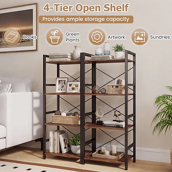 SUGIFT Rustic Brown 4-Tier Narrow Bookshelf 40 in with X-Braced Metal Frame