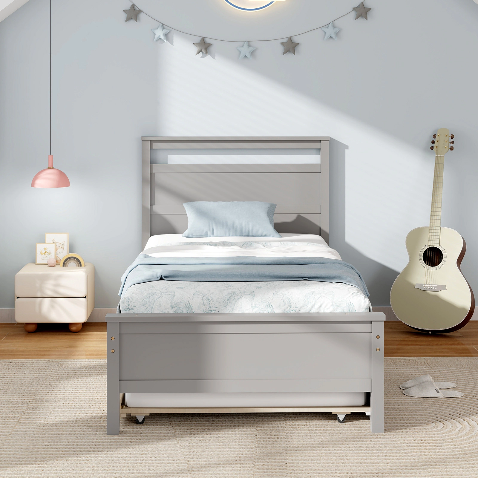 SUGIFT Twin Wooden Platform Bed with Pull-Out Trundle, Gray