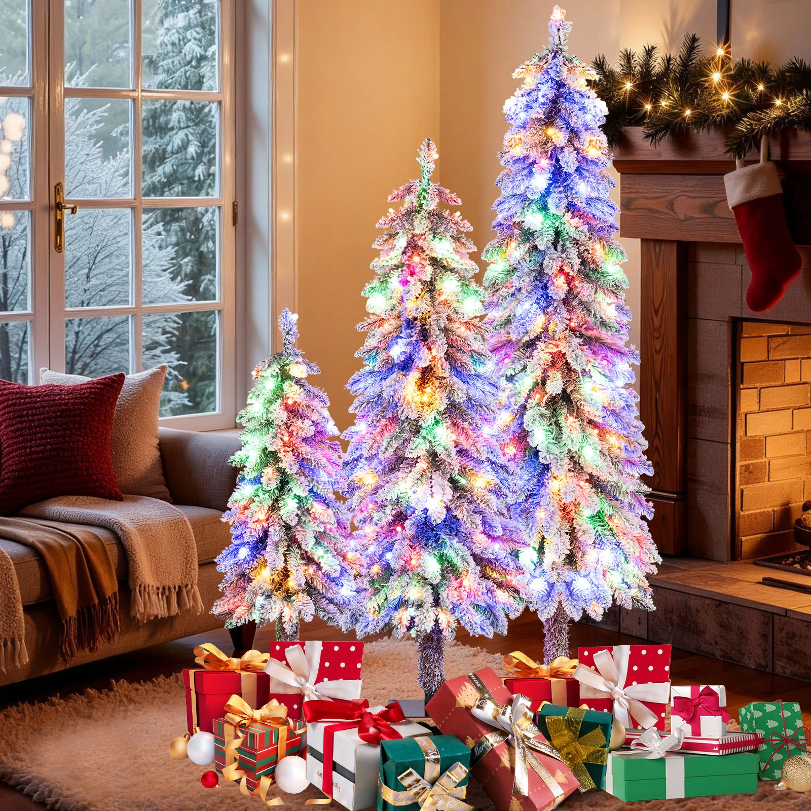 SlickBlue Set of 3 Slim Snow-Dusted Christmas Trees with LED Lights