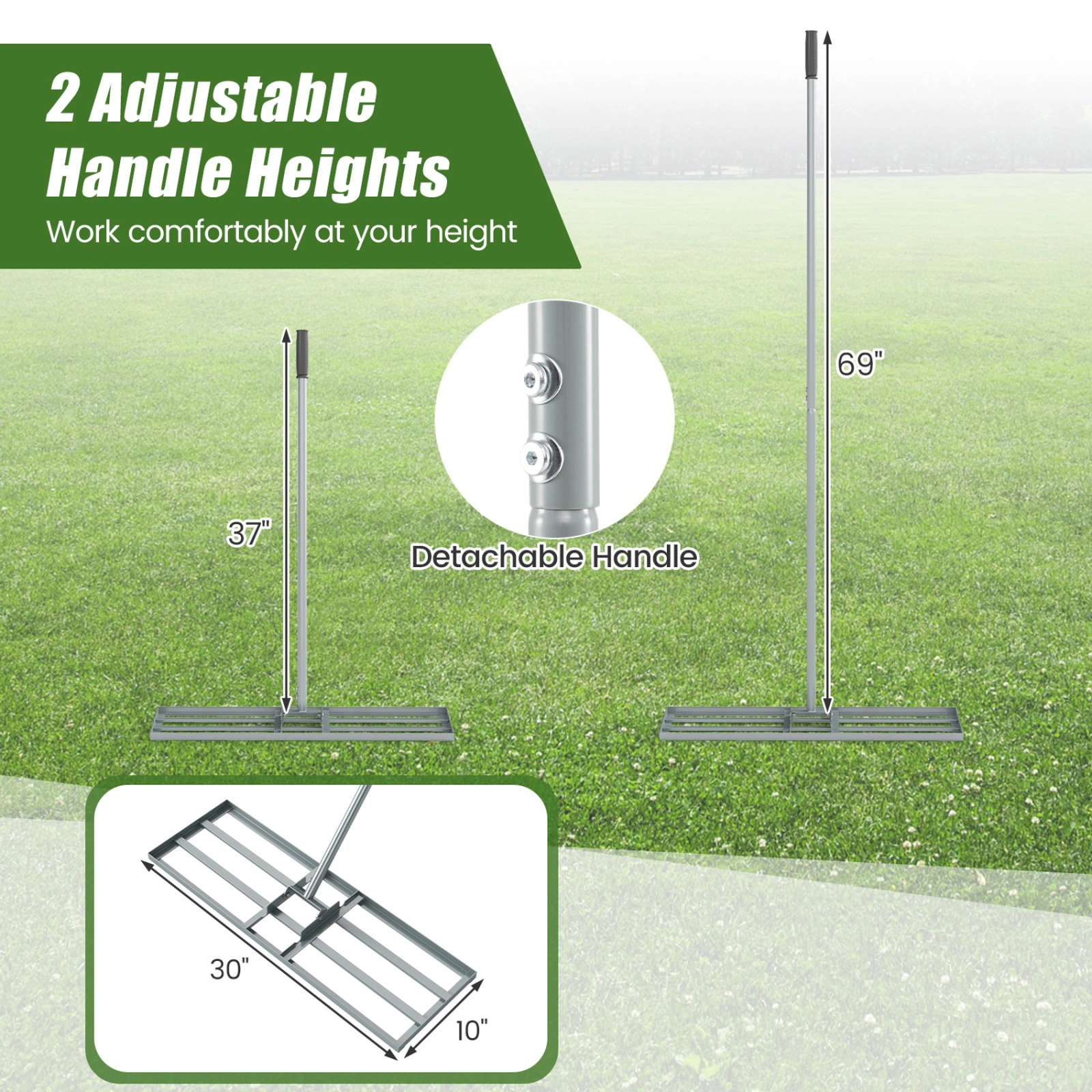 SUGIFT Silver 30-in x 10-in Yard Leveling Rake with 2-Section 69-in Handle and Double-Welded U-Bracket