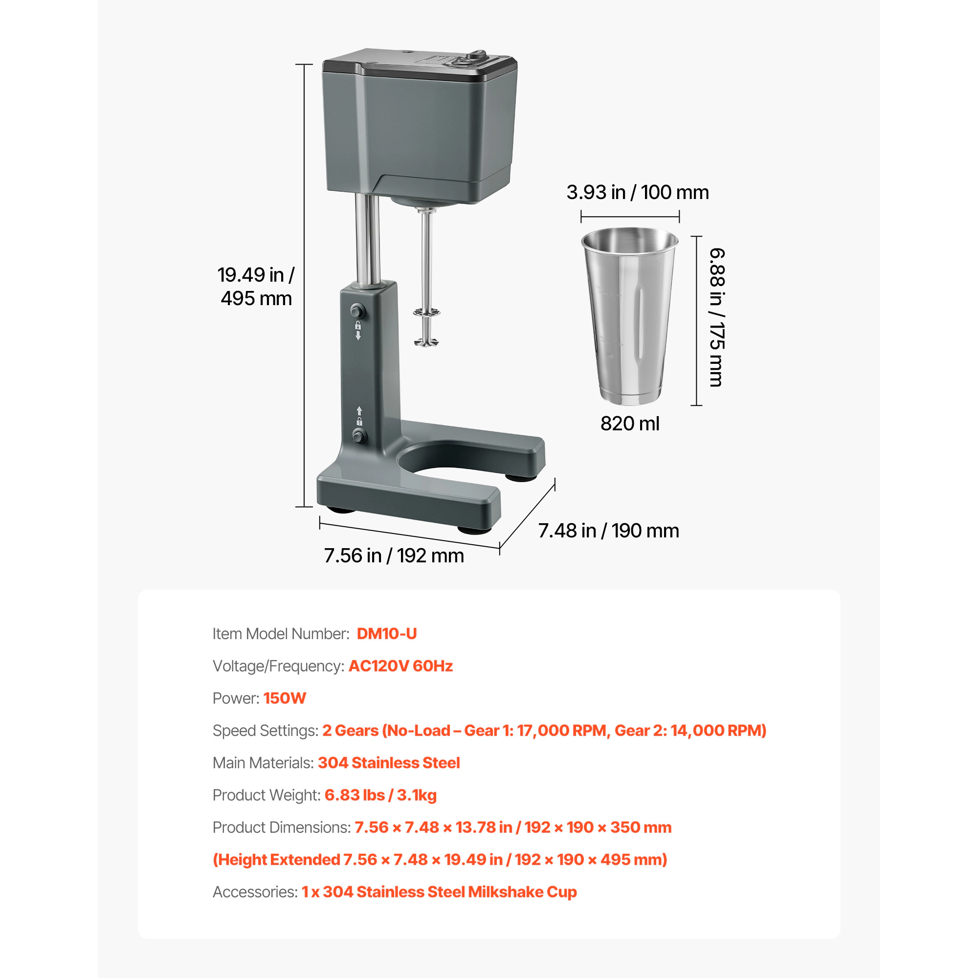 HONGGE Milkshake Maker Milk Shake Mixer Single Head Drink Blender Machine Dual-Speed Adjustment