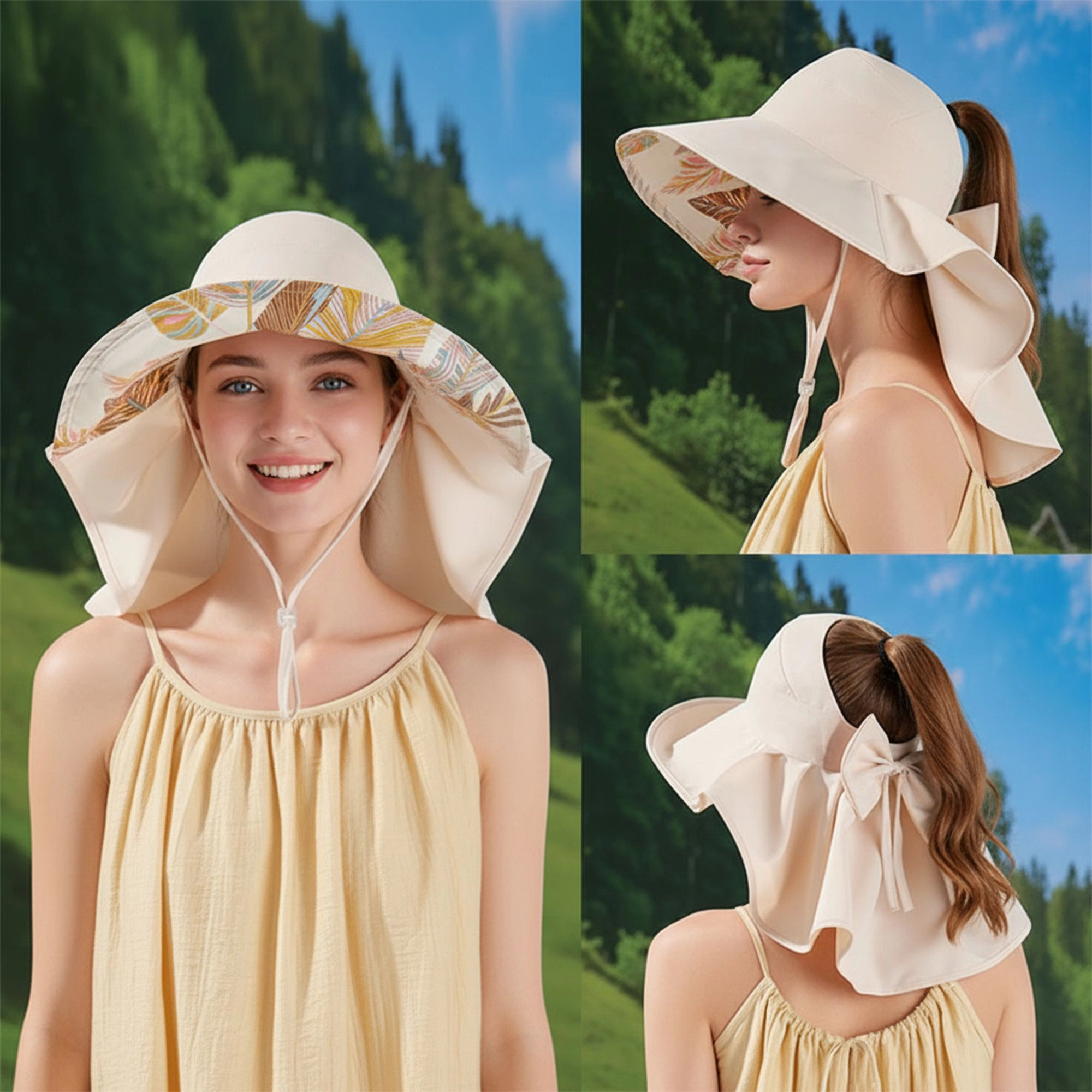 Anna-Kaci Women's Wide Brim Sun Hat with Ponytail Opening Neck Flap Bow Detail UV Protection Summer
