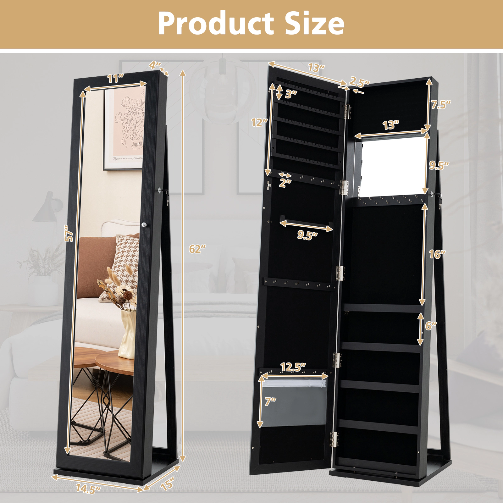 SUGIFT Standing Lockable Jewelry Storage Organizer with Full-Length 11 x 57 in Mirror 62-in Tall Brown/White