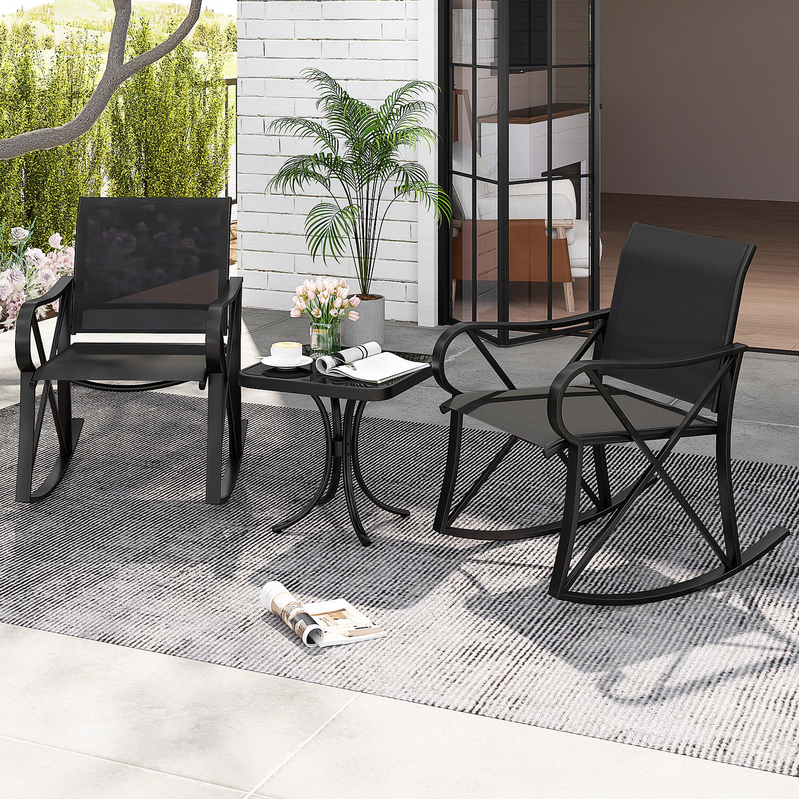 SUGIFT 3 Piece Patio Conversation Set Side Table 330-lb Rocking Chair Capacity 18 x 18 x 17 in Table Brown + Black