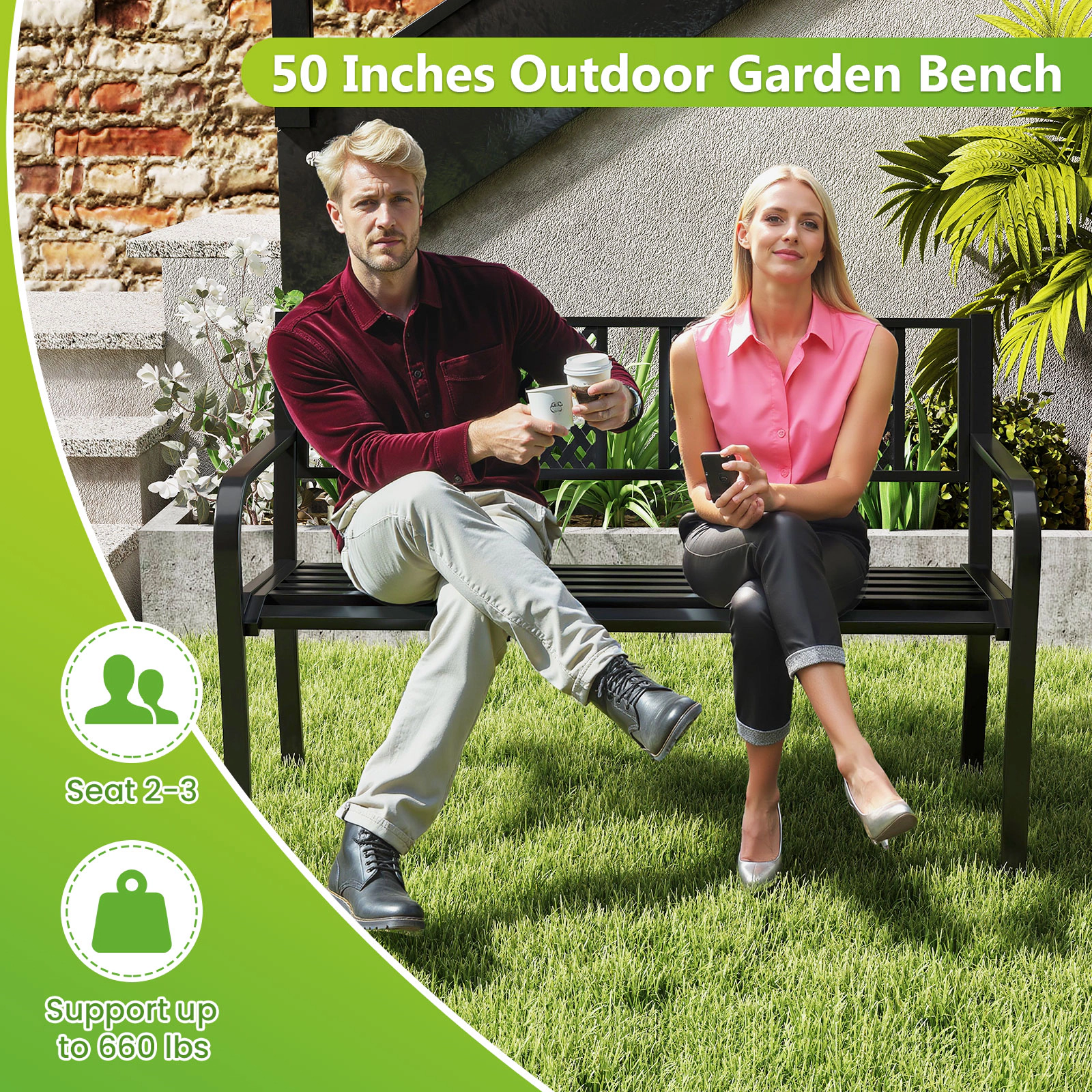 SUGIFT 50 in Outdoor Metal Bench Black Patio Loveseat for 2-3 People with Armrests