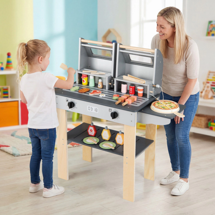 Hivvago Wooden Kids Barbecue Grill Playset Kids Toy Grill with Abundant Grilling Tools and Play Foods