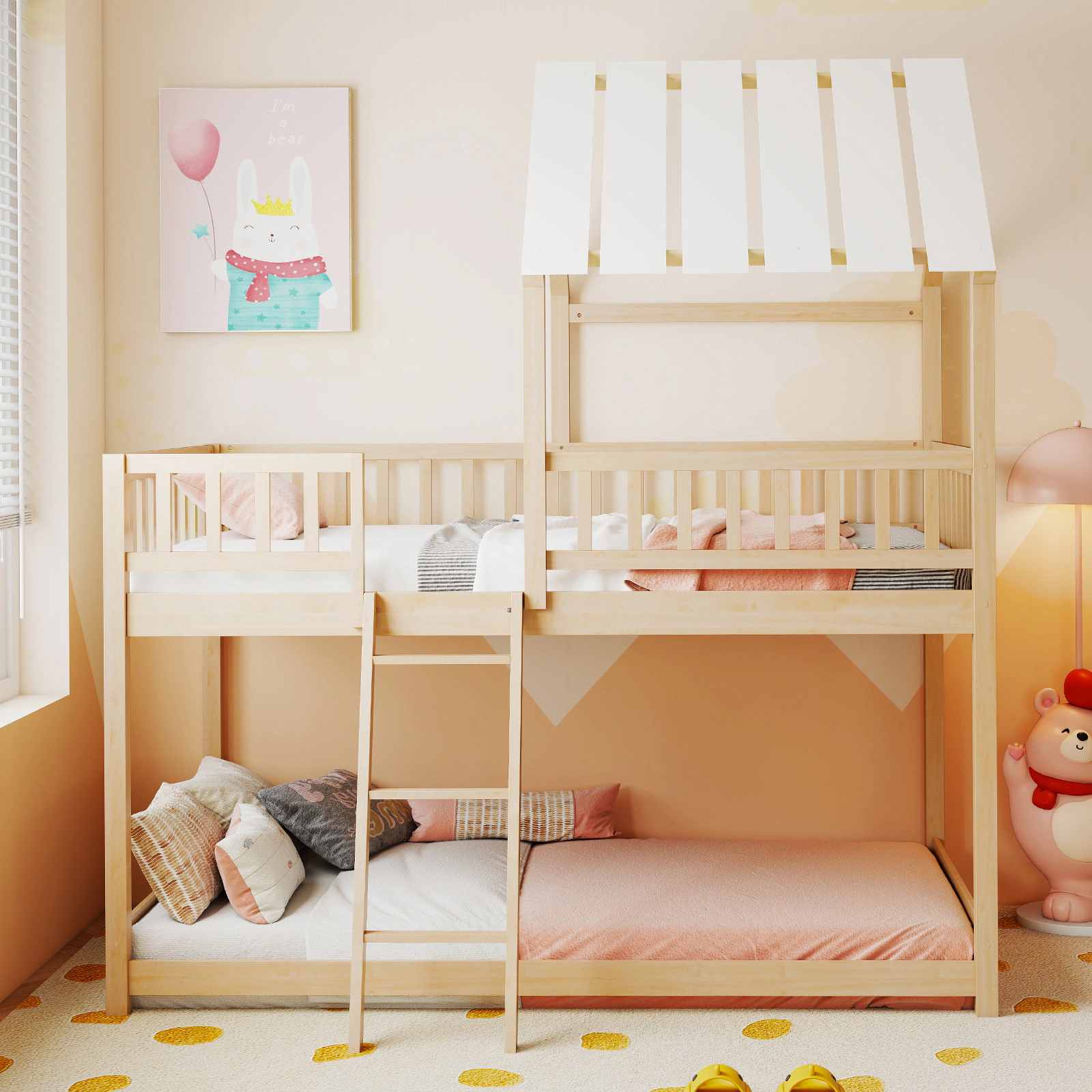 Twin Over Twin House Bunk Bed with Roof and Full-Length Guardrails Solid Pine Wood Kids Bunk Bed Natural