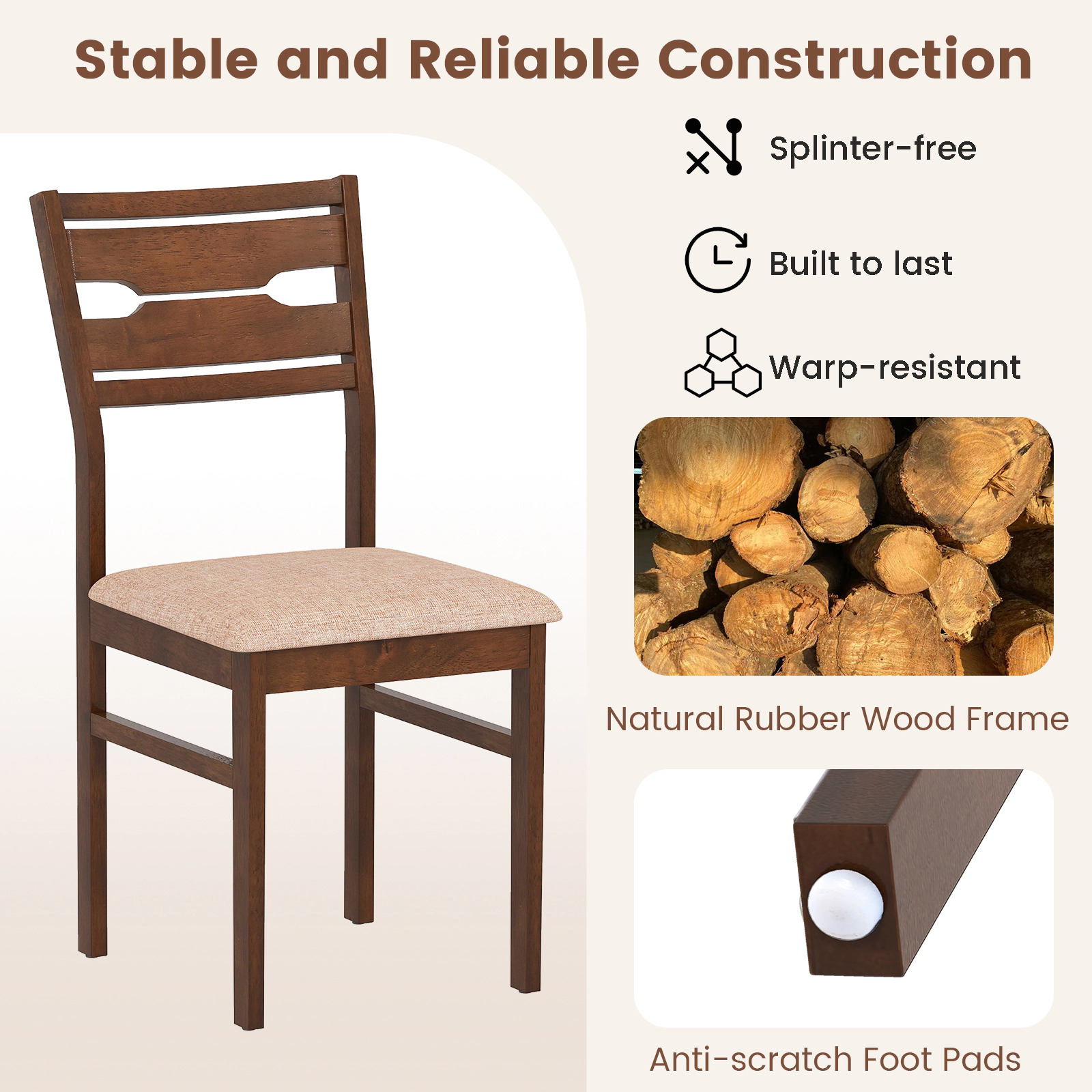 SUGIFT Rubber Wood Frame Dining Chair Set of 2 or 4 with Padded Polyester Seat 285-lb Capacity Deep Brown+Light Brown