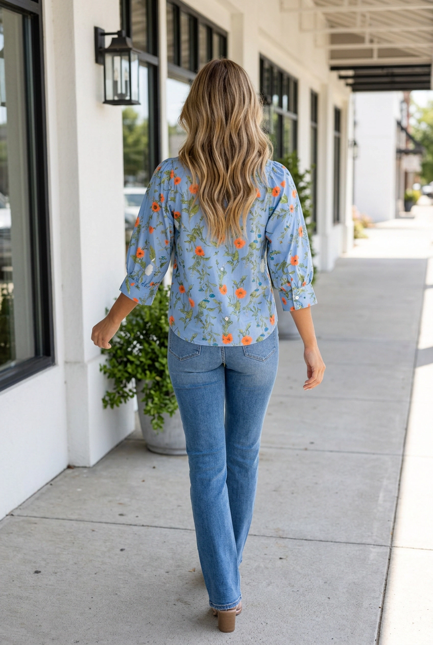 19092 Threaded Pear Leslie Sleeve Down Casual Shirt - Sky Blue, Floral, Short Sleeve, Loose Fit