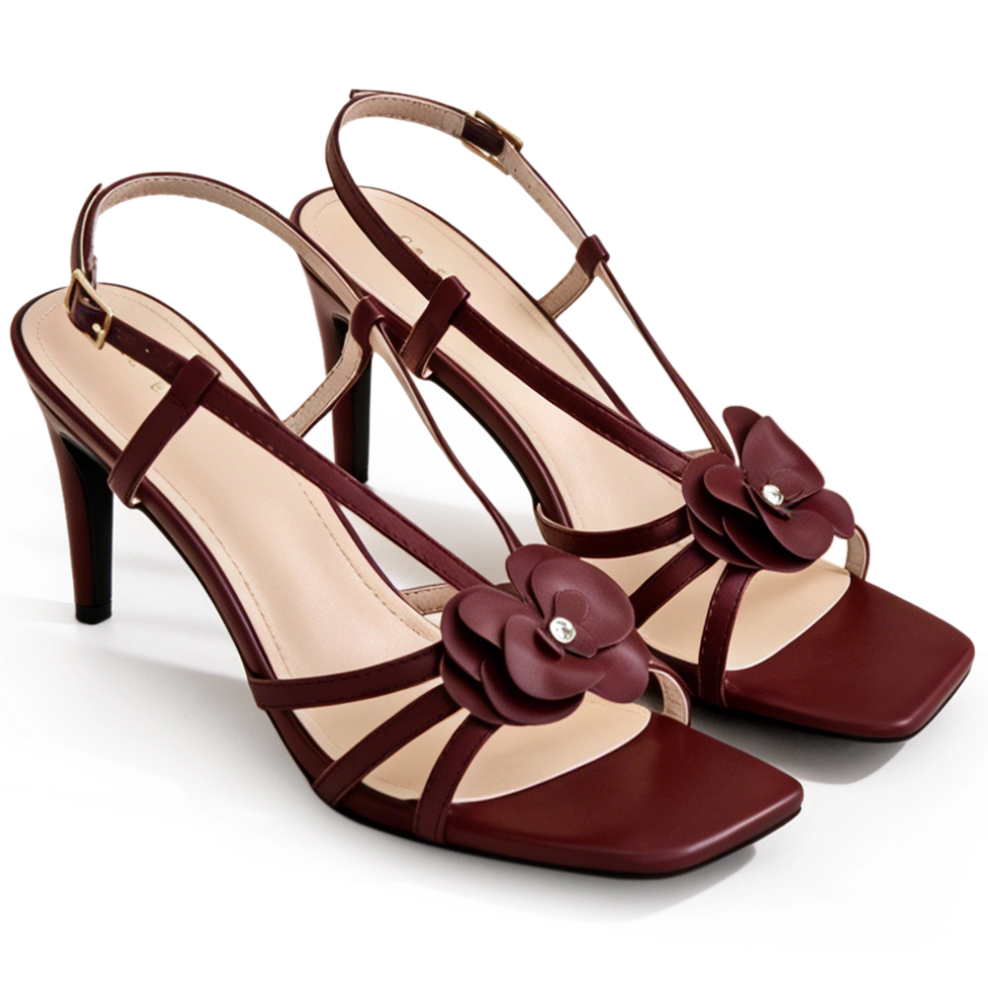 BLISSFUL STEP Women's Floral Strappy Square Toe Stiletto Heeled Slingback Sandals