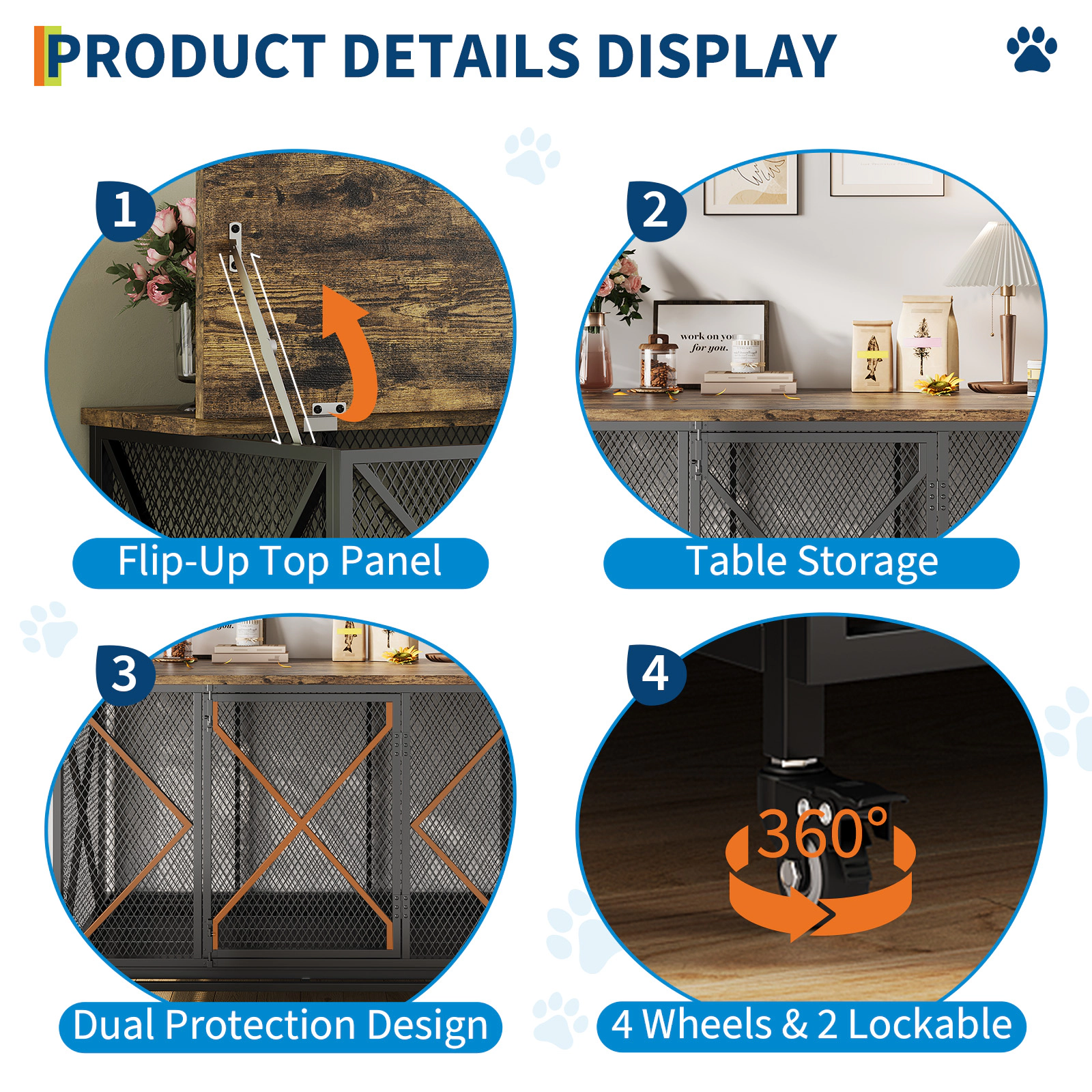 48" Large Dog Crate Furniture with Flip-up Top & Lockable Wheels, Decorative Pet Cage End Table for Medium Dogs