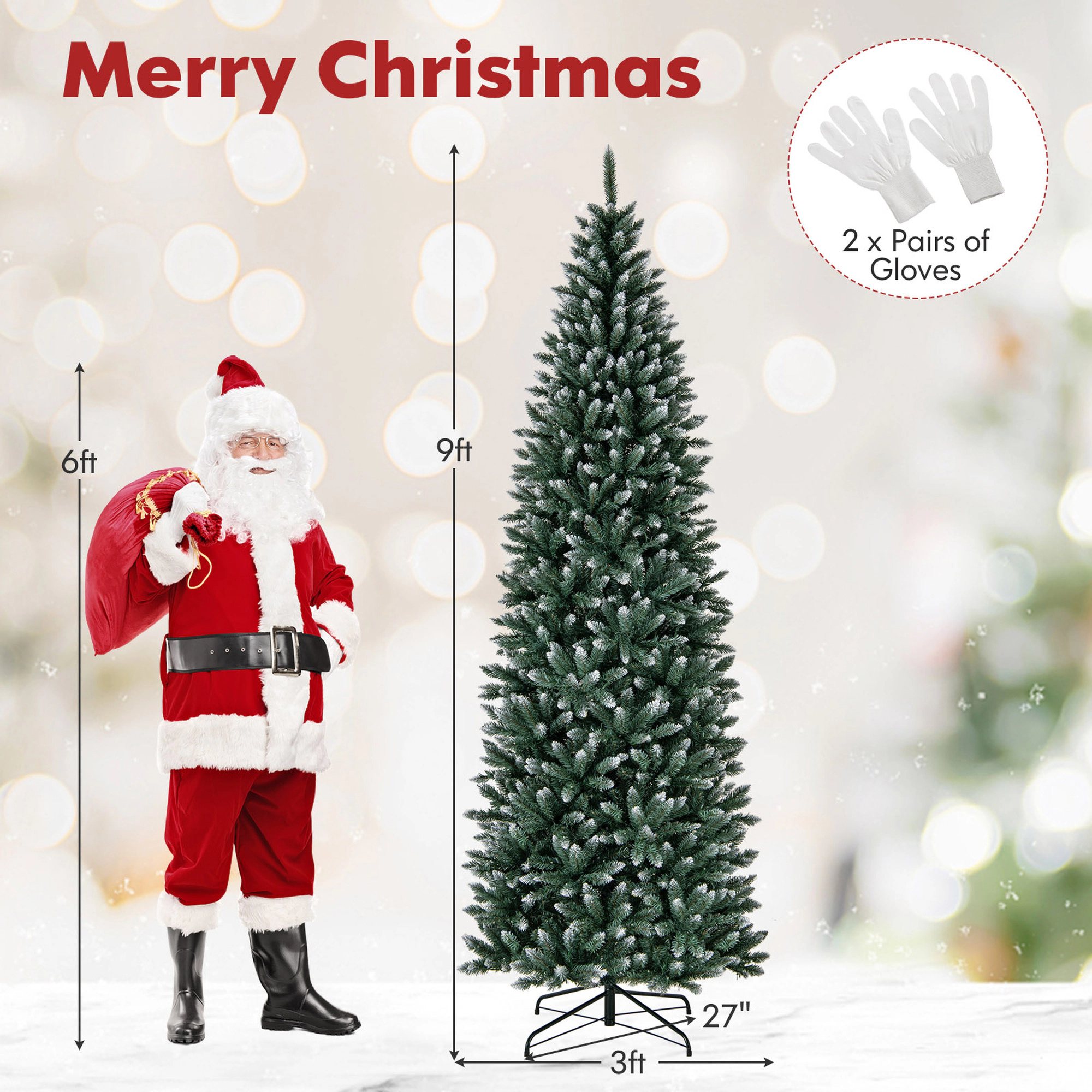 Costway 6/9 FT Pre-Lit Christmas Tree Hinged Slim Pencil Xmas with 250/500 LED Lights & 618 Tips