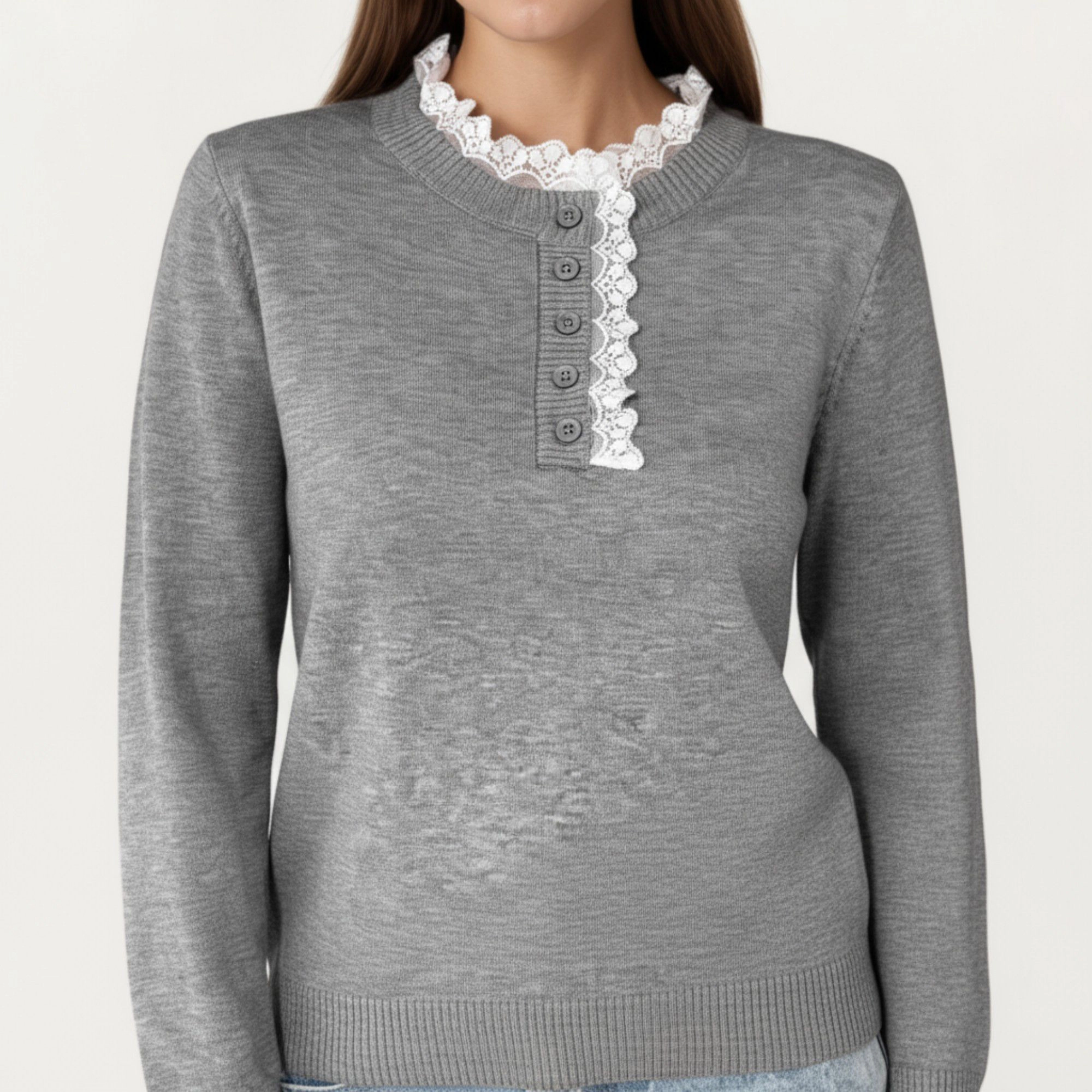 Anna-Kaci Women's Lace Trim Collar Button Front Long Sleeve Knit Top