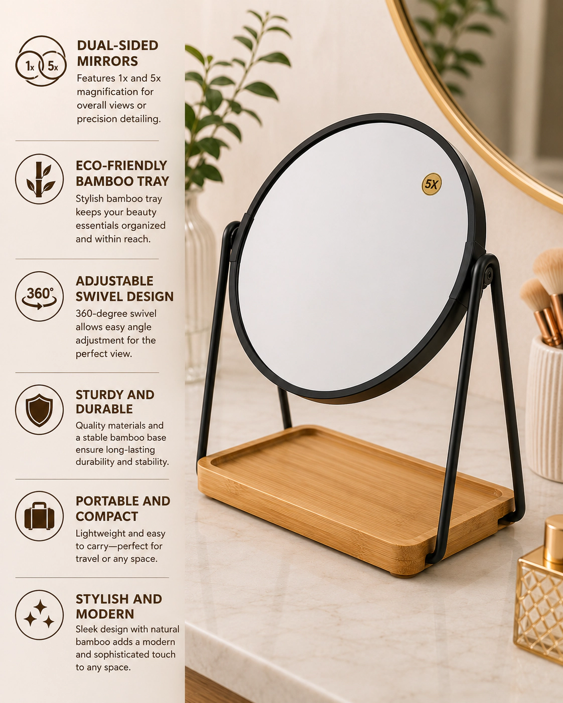 Pursonic Women’s Dual Magnification Vanity Makeup Mirror with Bamboo Tray Organizer Dual Side Mirror