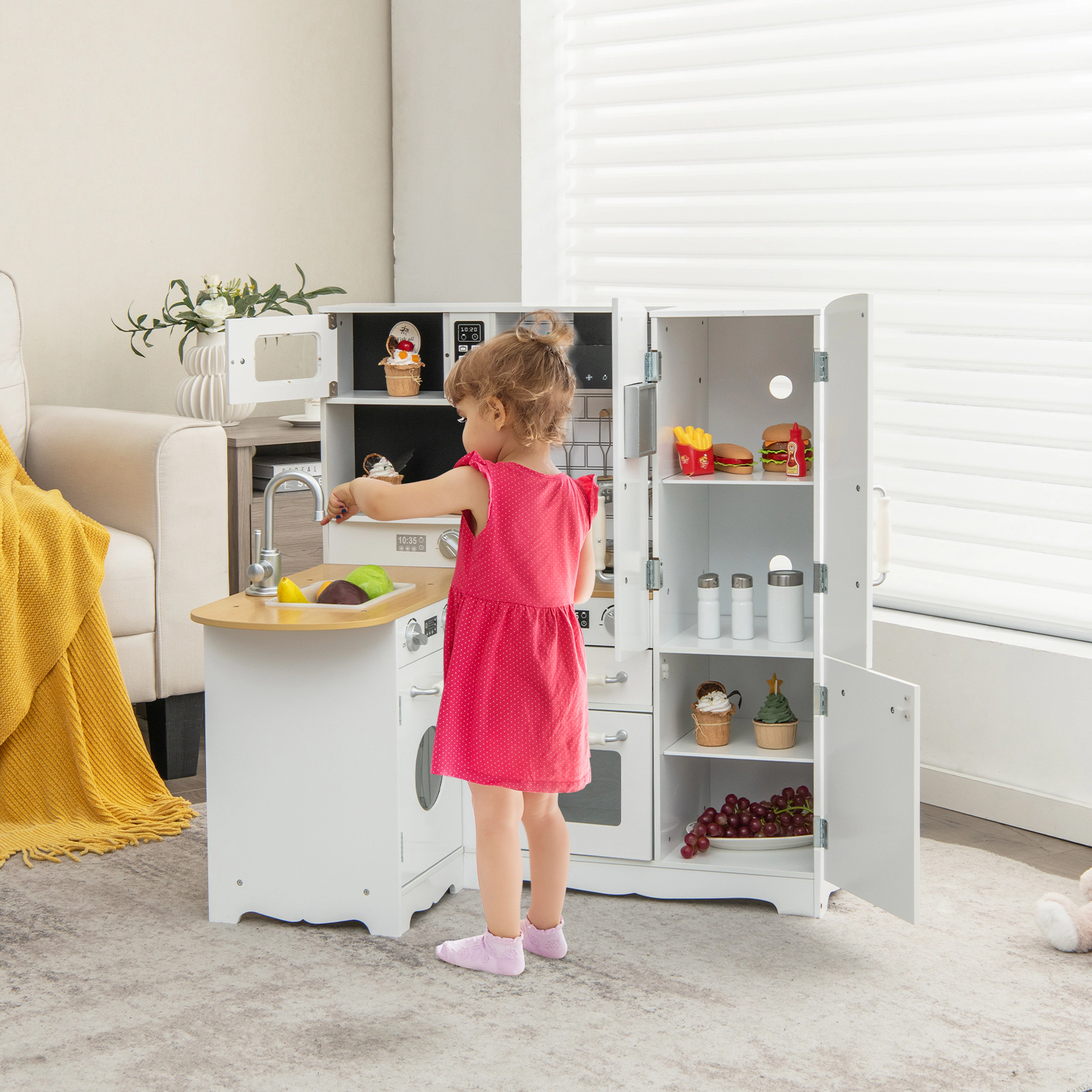 SUGIFT White Washing Machine Refrigerator and Telephone Kids Corner Wooden Play Kitchen