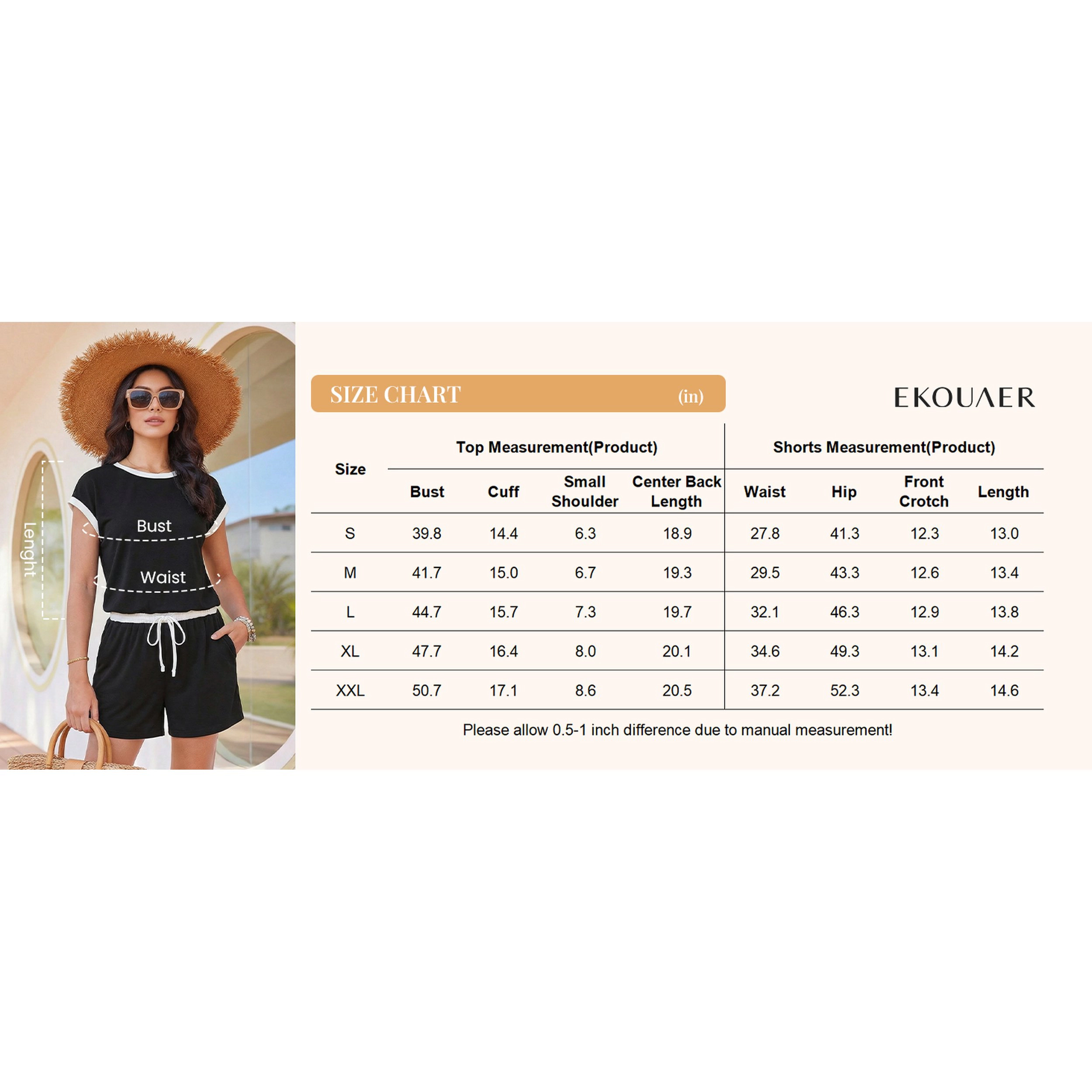 Ekouaer Women's Contrast Crew Neck Tee & Drawstring Shorts Set