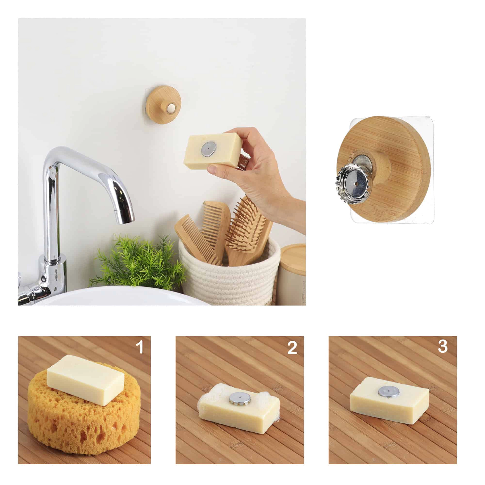 Evideco Bamboo Magnetic Wall-Mounted Soap Holder, Adhesive No-Drill Set