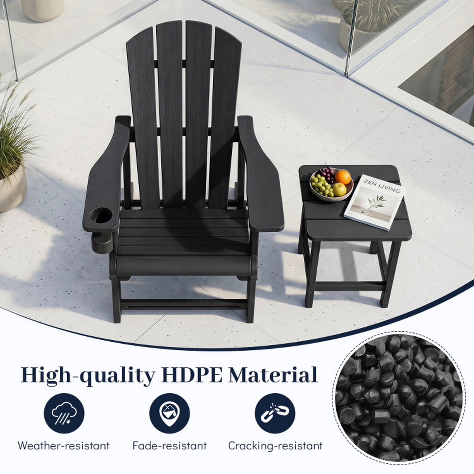 SUGIFT HDPE Adirondack Chair with Realistic Wood Grain Reclining Back and Cup Holder 550-Lb Capacity Black