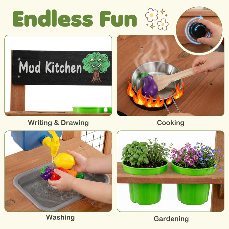 Hivvago Outdoor Wooden Mud Kitchen with Planter Box and Sink for Toddlers
