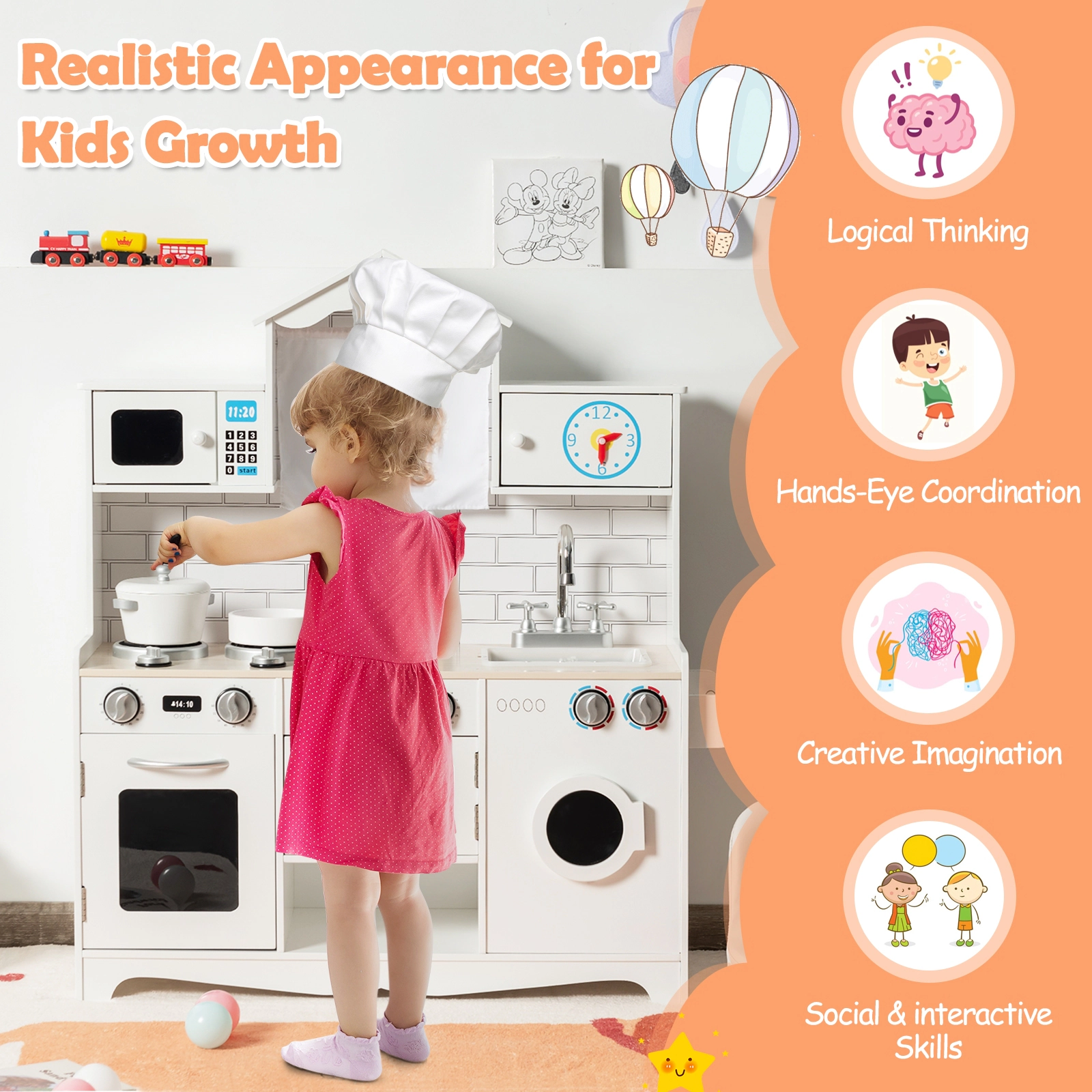 SUGIFT Wooden Kids Kitchen Playset Washing Machine Microwave Oven Sink & Gas Stoves 36.5-in Tall Ages 3 Years+ White