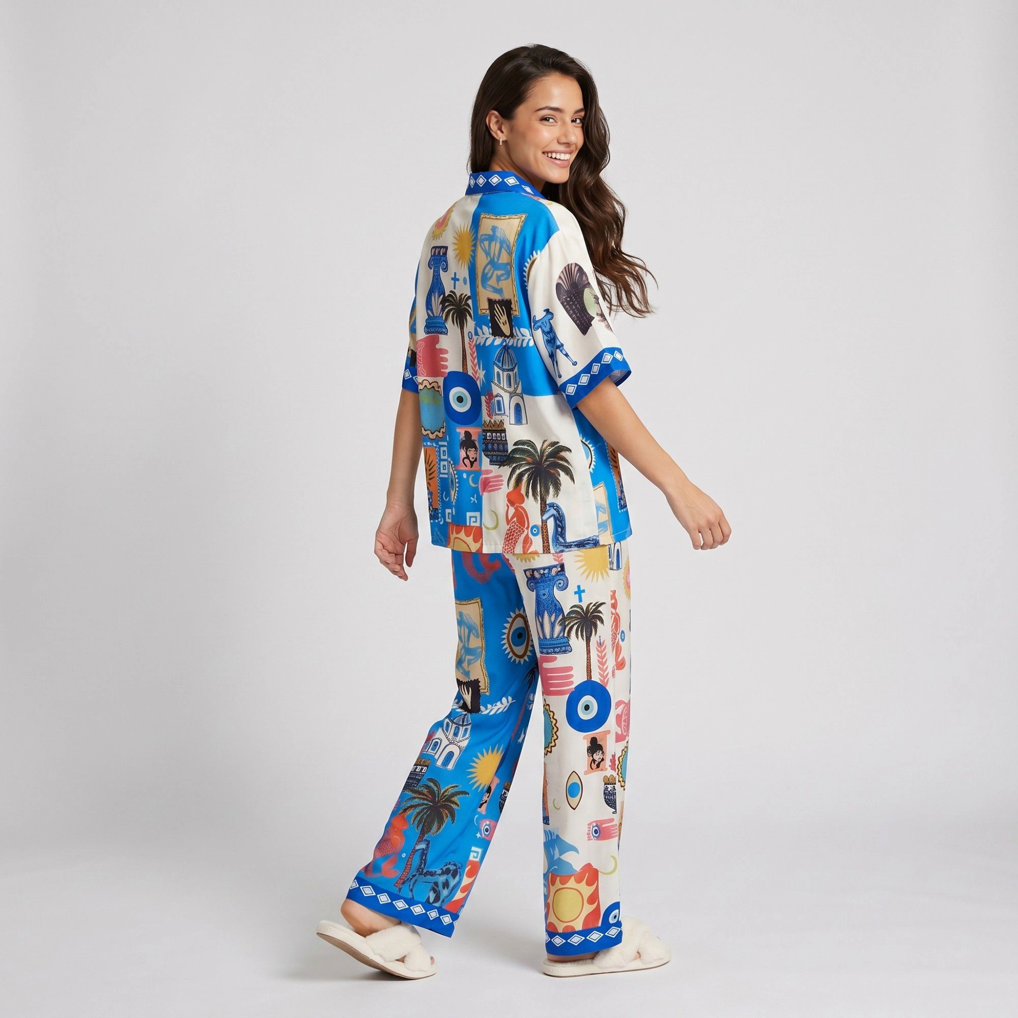 Anna-Kaci Women's 2-Piece Travel Print Pajama Set with Short Sleeve Button Top and Wide Leg Pants
