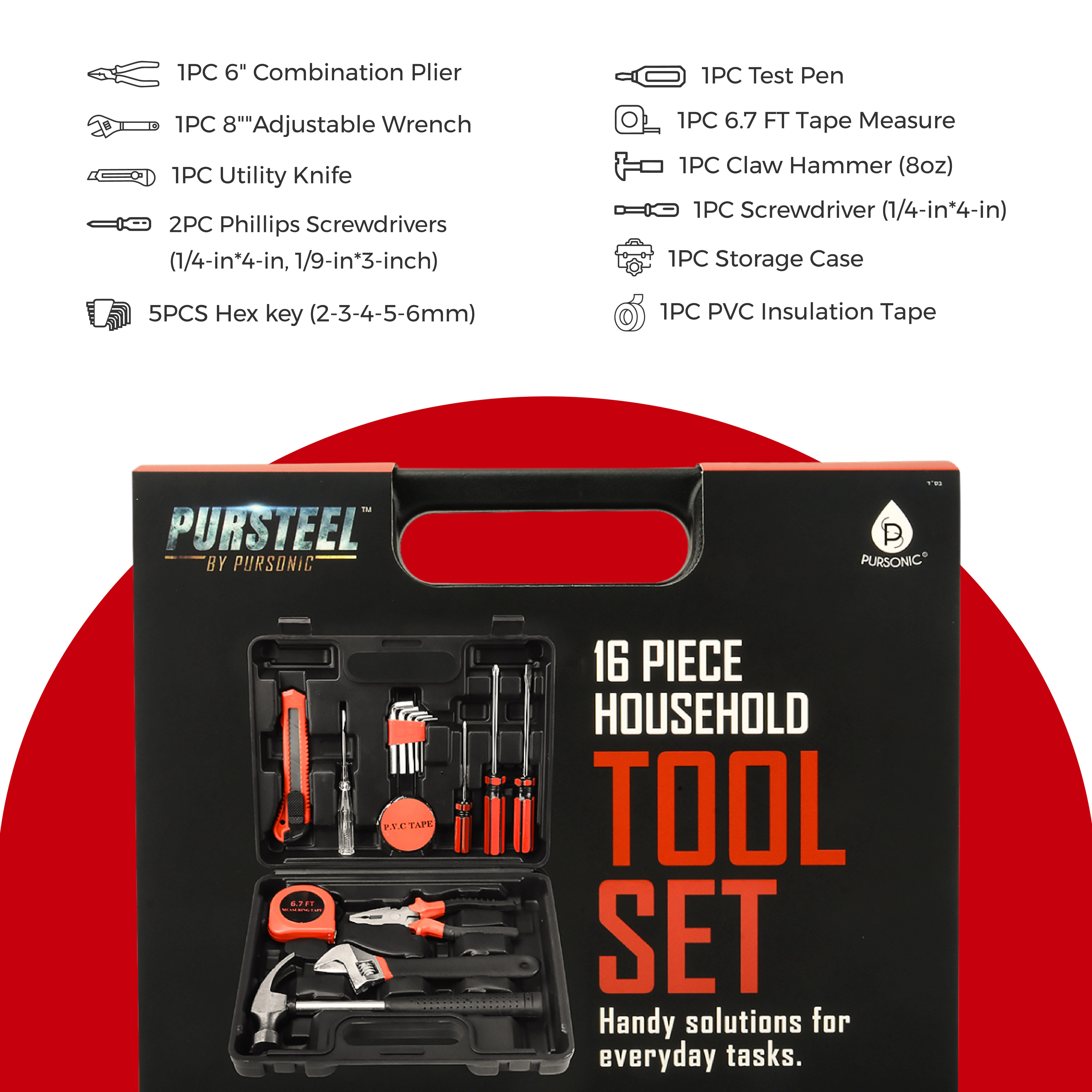 Pursonic Unisex Household 16-Piece Handy Solutions Tool Kit