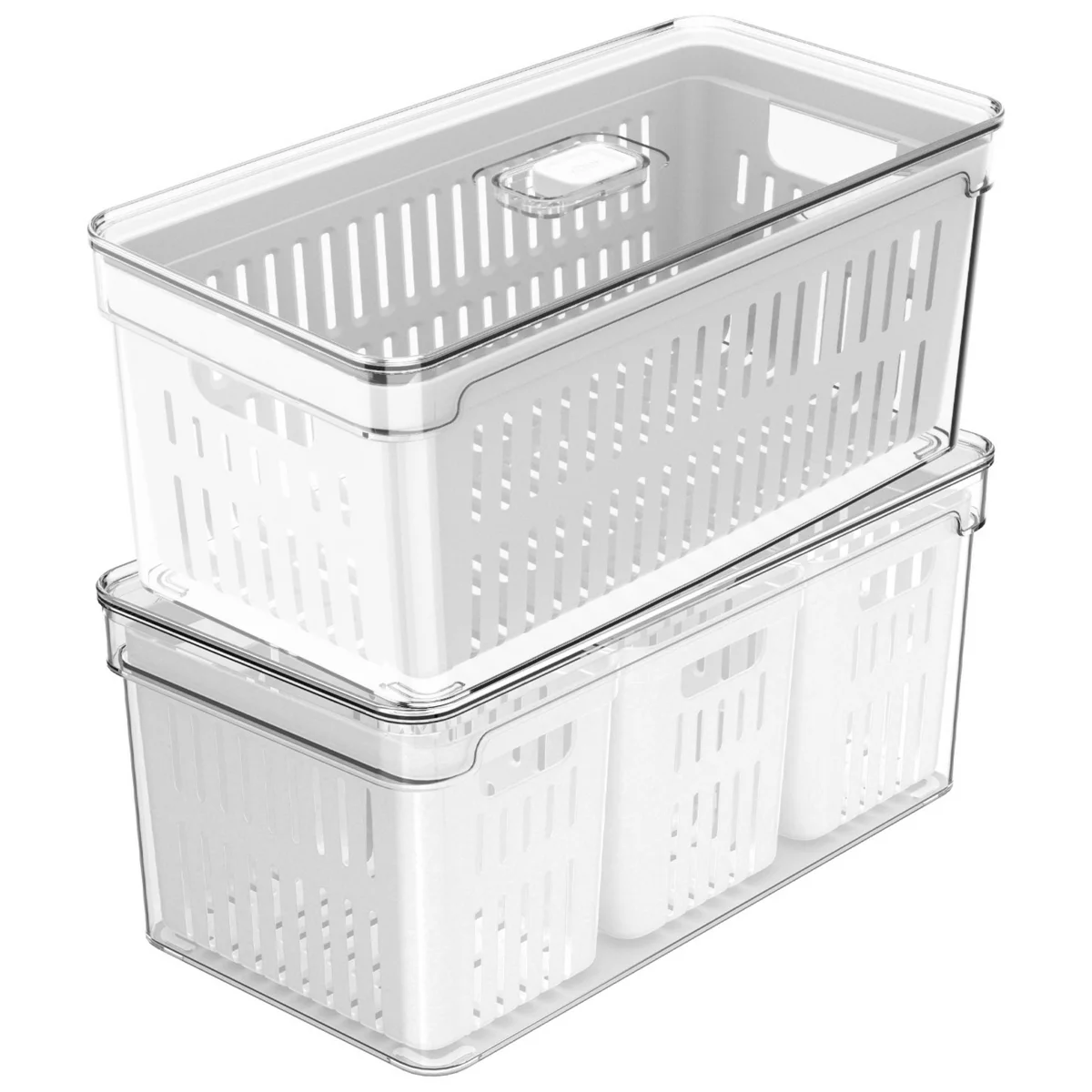 OU Fridge Organizer Bins w/ Drain Baskets & Vented Lids, Clear Stackable Refrigerator Storage Container, 2 Pack BPA Free