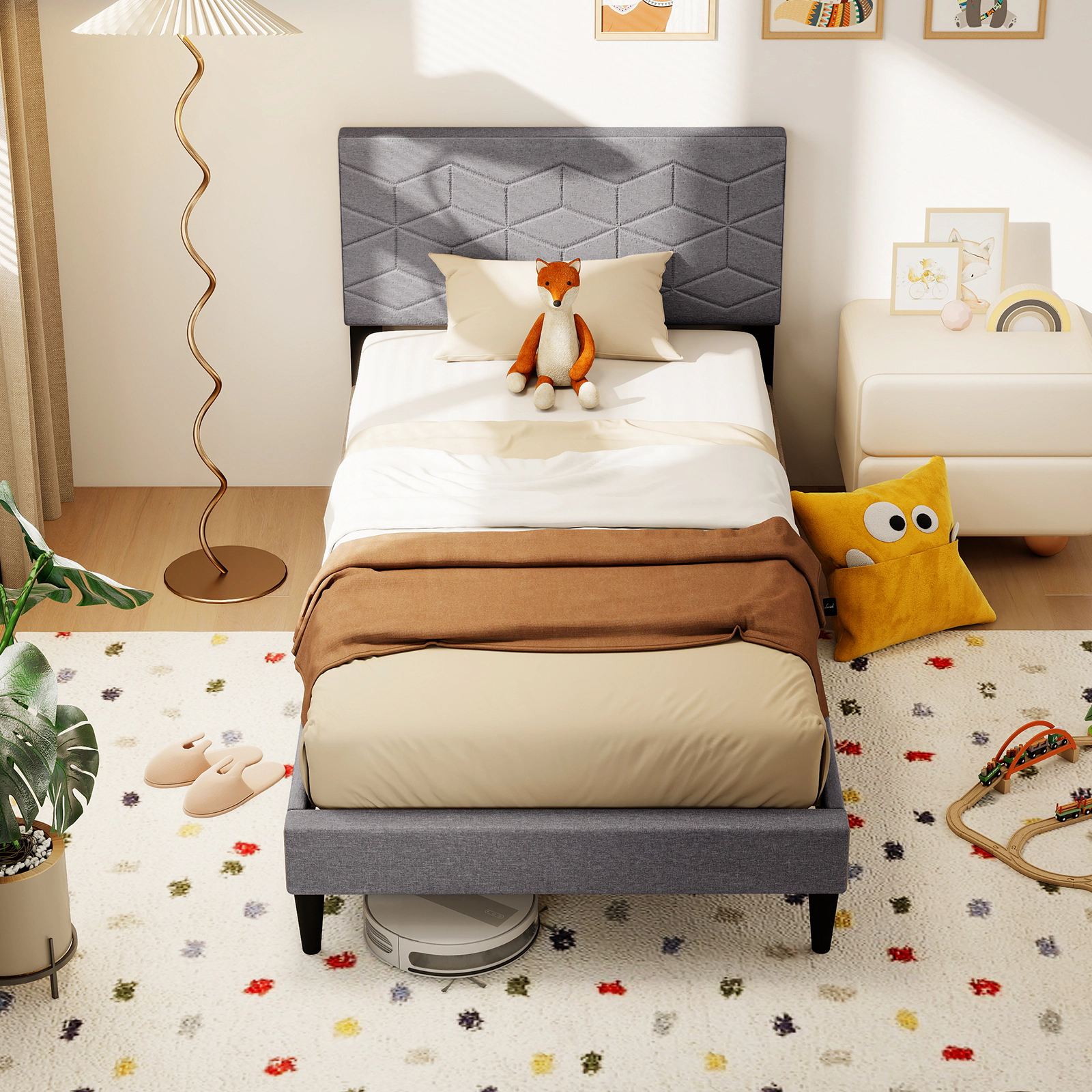 Twin Bed Frame Modern Platform Bed with Linen Upholstered Headboard 10 LVL Slats 6 Support Legs Gray