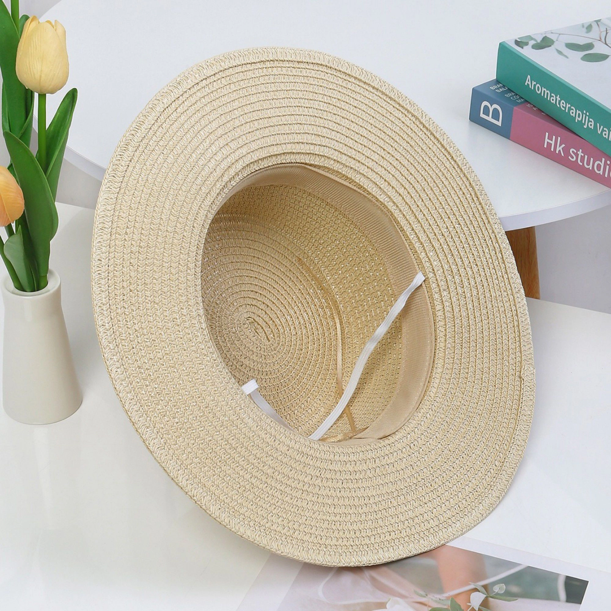 Anna-Kaci Women's Straw Boater Hat with Flat Brim Structured Crown Pearl Ribbon Band Detail