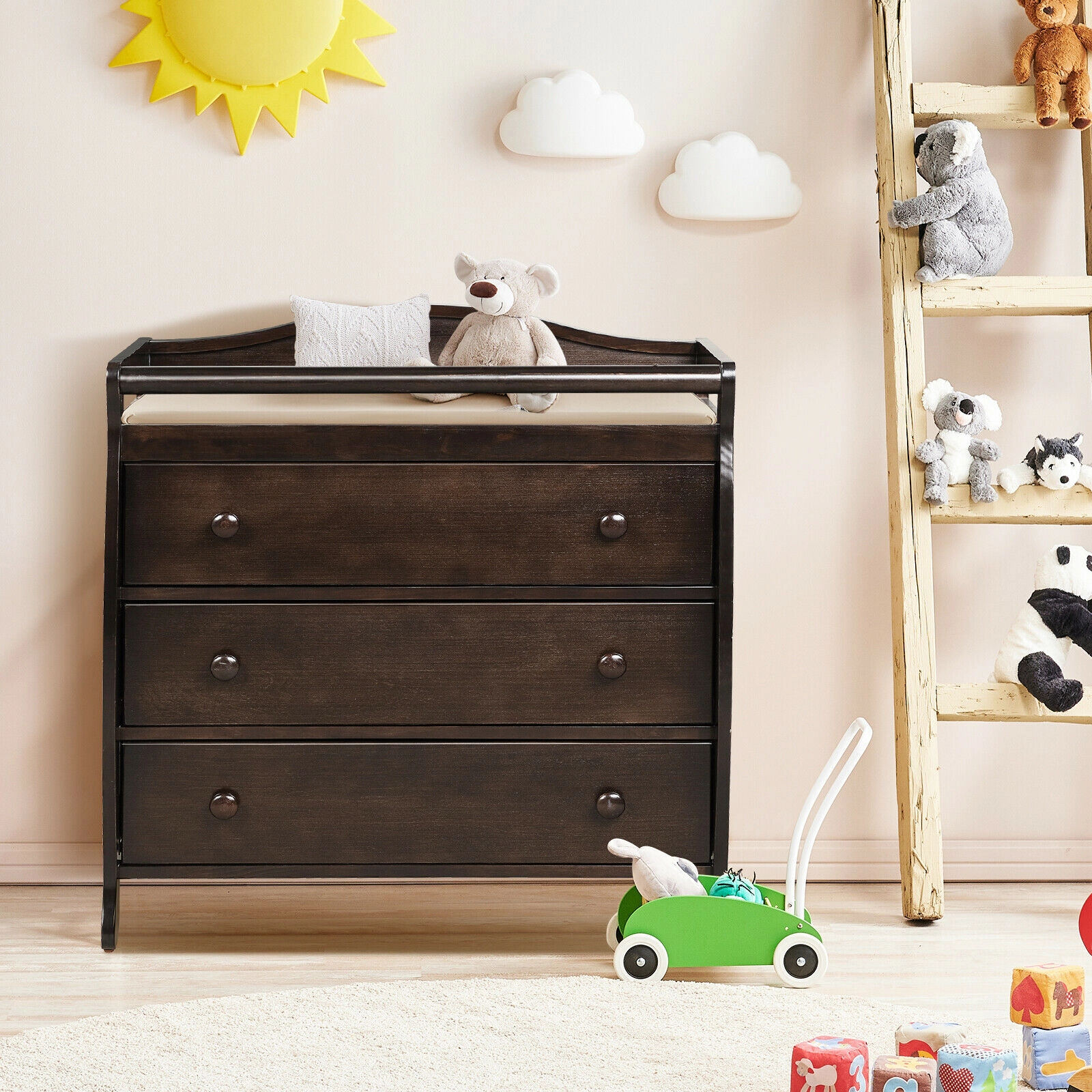 SUGIFT Brown Wood Baby Changing Table Dresser, 3 Drawers and Safety Belt