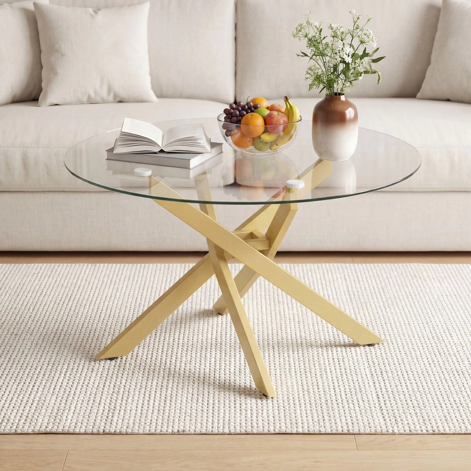 SlickBlue Round Glass Coffee Table with Geometric Metal Frame