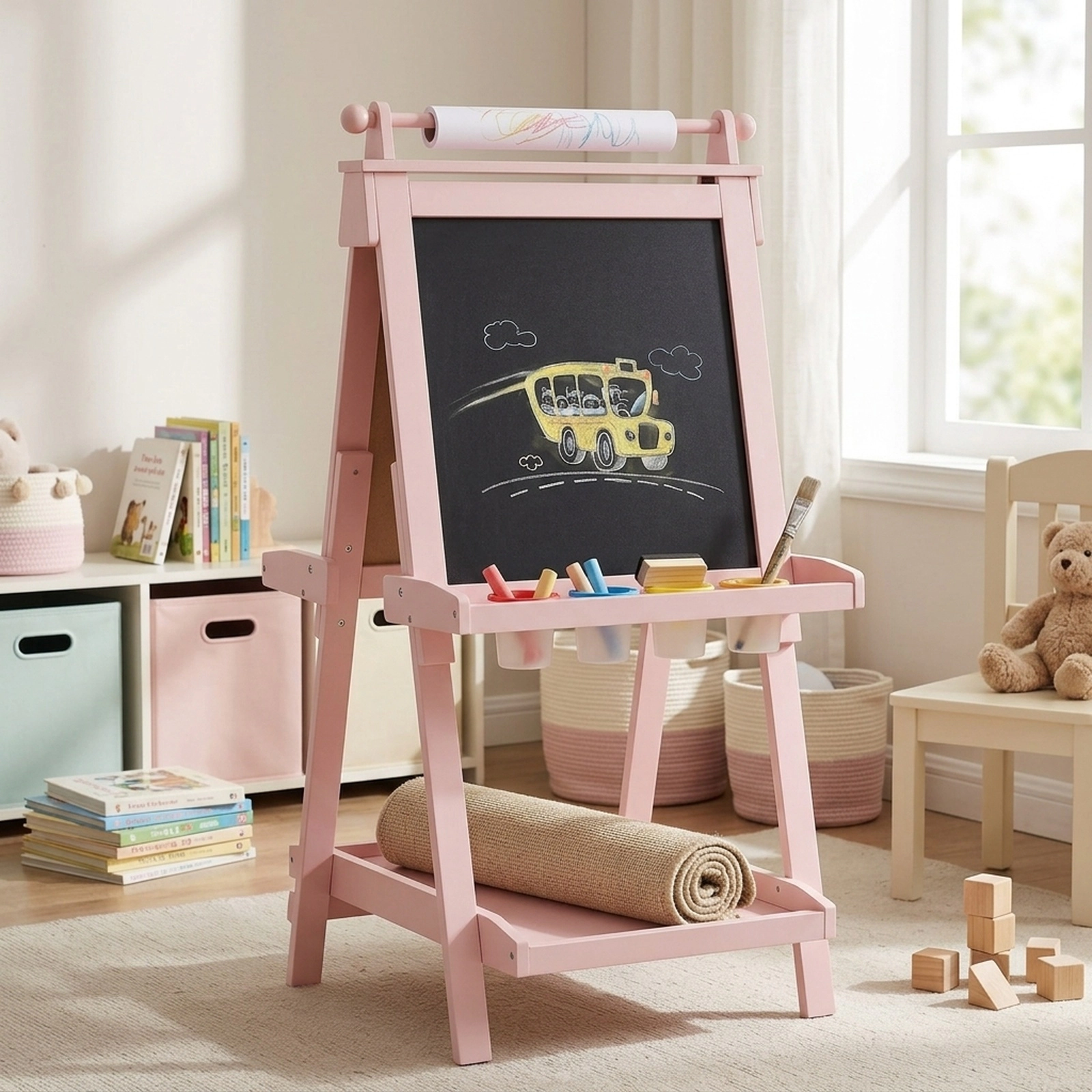 3-in-1 Wooden Kids Art Easel Double-Sided Magnetic Whiteboard Chalkboard Paper Roll Storage Trays Ages 3 and Up Pink