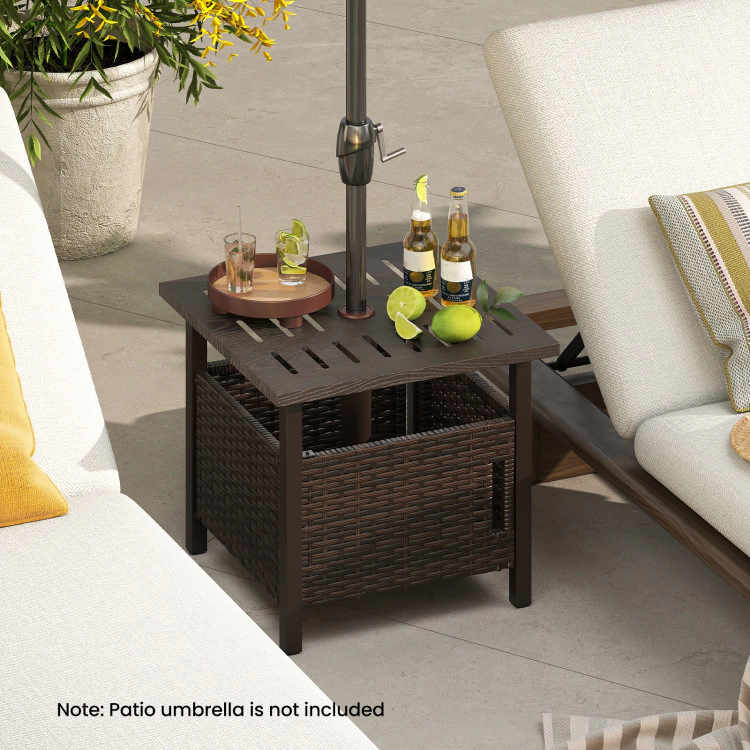Hivvago Outdoor Side Table With 1.93" Umbrella Hole All-Weather Pe Wicker Patio Umbrella Table