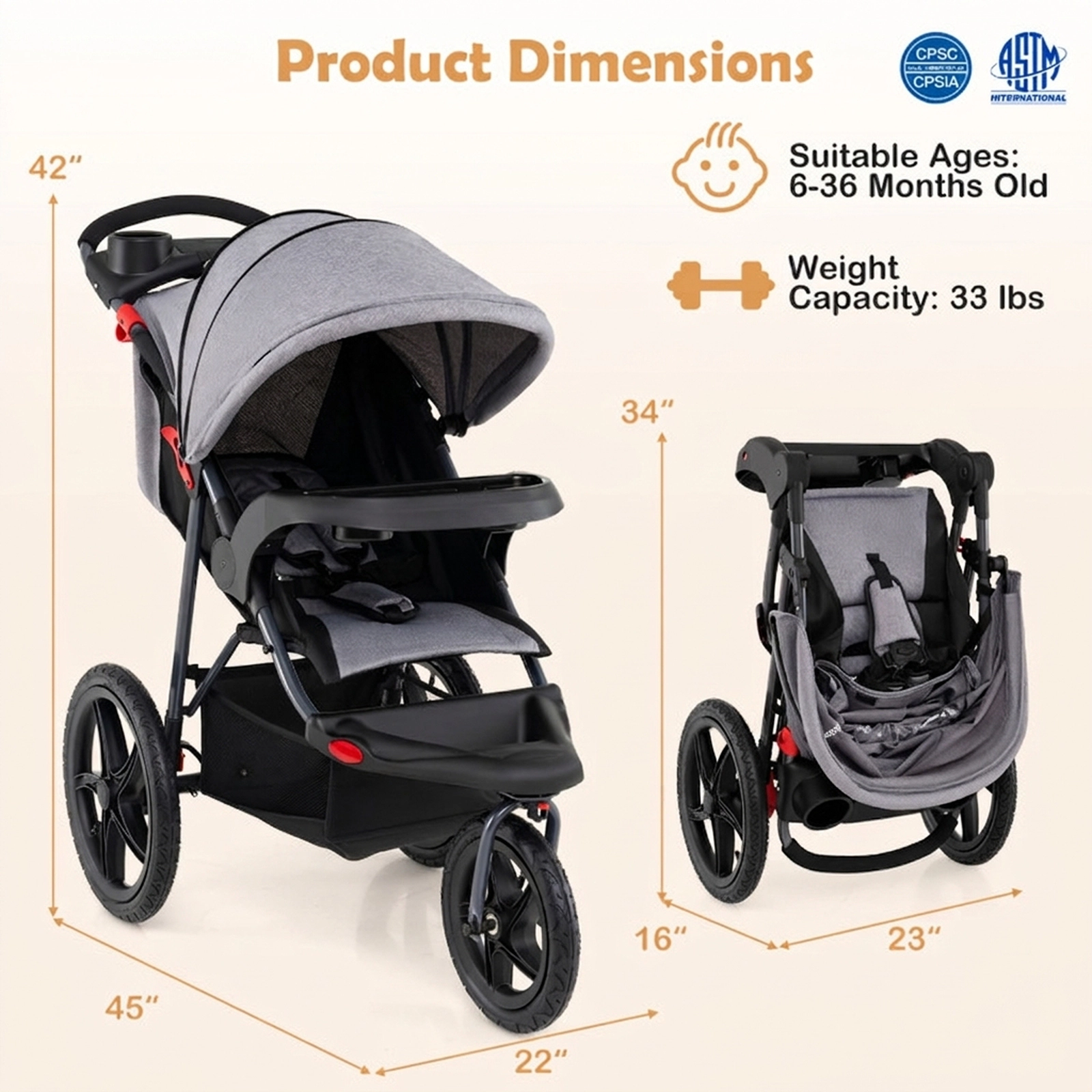 SUGIFT Baby Gray Foldable Jogging Stroller with Detachable Tray and Air-Filled Tires 45-in W 33-lb Seat Capacity
