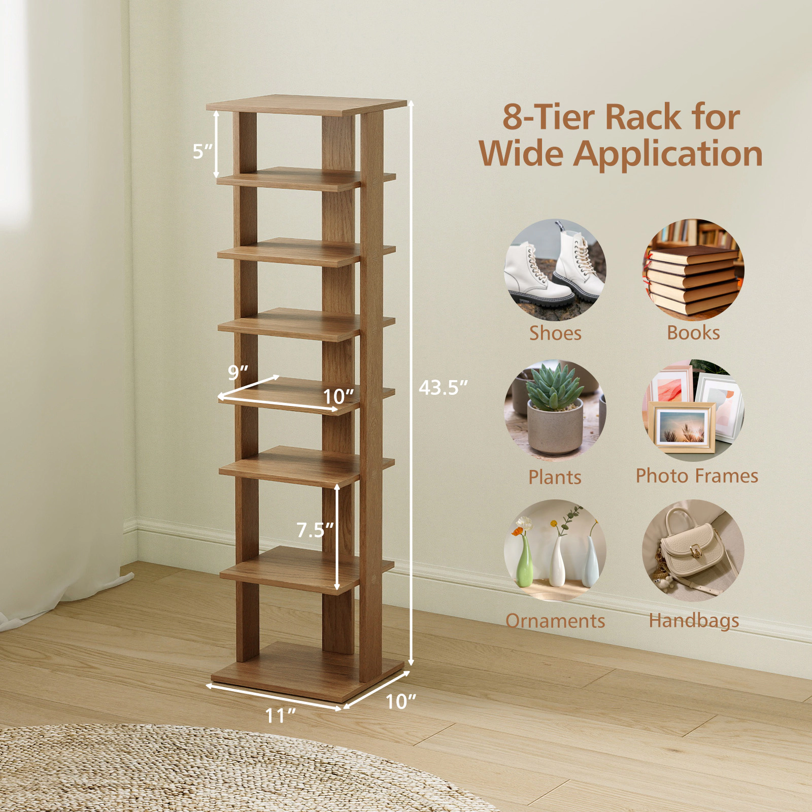 SUGIFT 7-Tier Natural 11-in Wide Space-Saving Skinny Wood Shoe Rack Tower for Front Door and Apartment