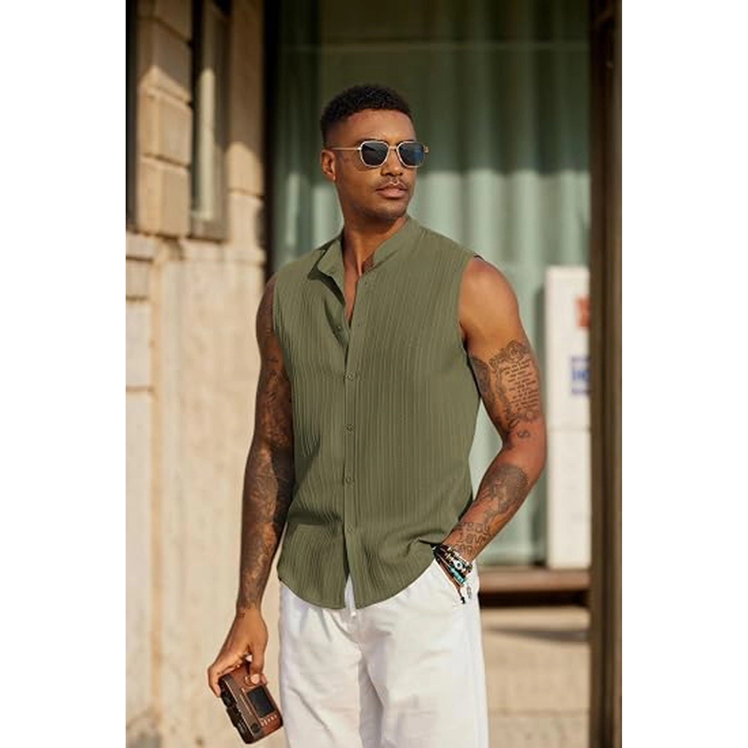 COOFANDY Men's Regular Fit Sleeveless Collar Neck Button Front Shirt