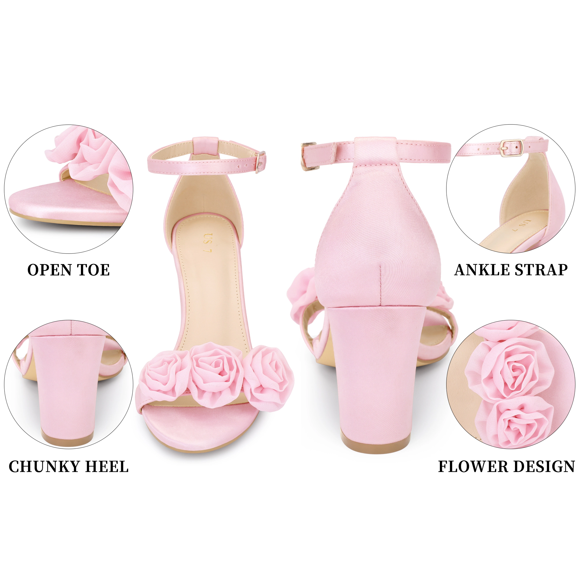 BLISSFUL STEP Women's Floral Ankle Strap Chunky Heels Flowers Sandals