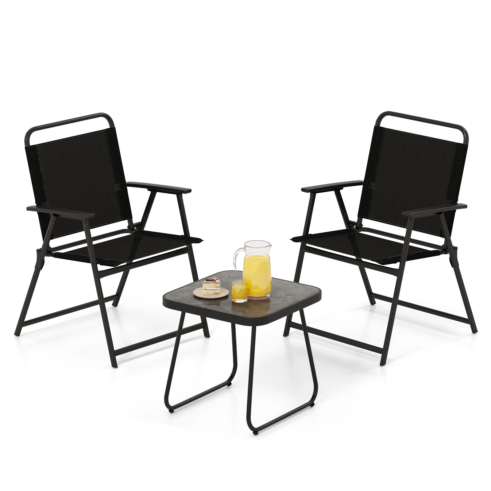 SUGIFT Black Breathable Fabric Seats 3-Piece Patio Folding Chair and Side Table Set