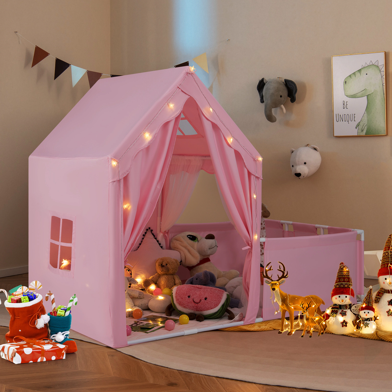 Kids Play Tent with Playpen 2-in-1 Indoor Playhouse with Attached Play Yard Star Light String Washable Mat 2 Doors Pink