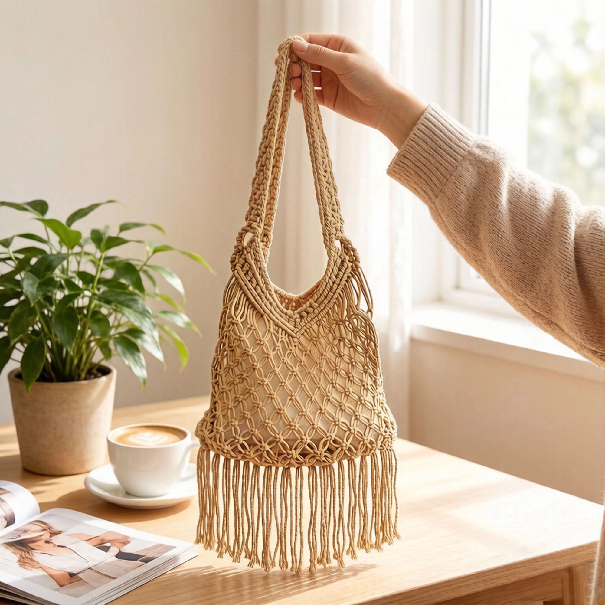 Alilang Women's Crochet Fringe Shoulder Bag Open Knit Boho Tassel Handbag Lightweight Woven Crossbody Tote