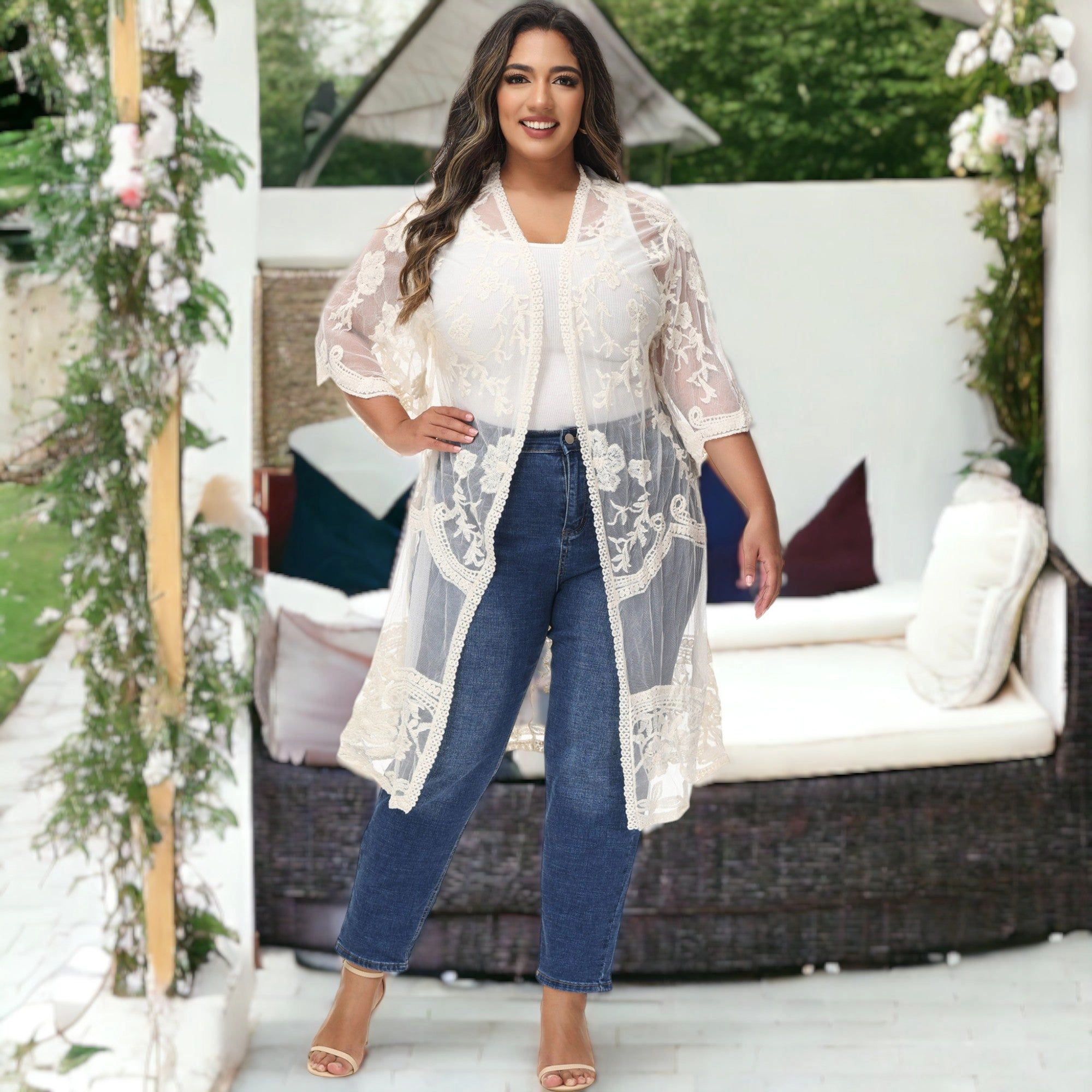 Anna-Kaci Women's Plus Lace Cardigan Short Sleeve Open Front Floral Crochet Long Duster
