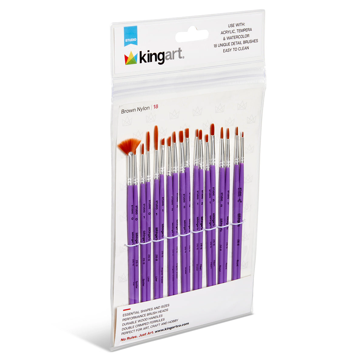 KINGART Studio Brown Nylon Detail Brush Set - 18 pc, Acrylic & Watercolor