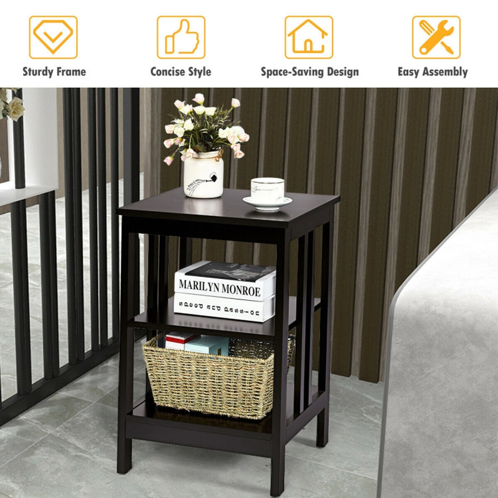 SUGIFT 3-Tier MDF Nightstand Sofa Side Table with Baffles 24-in Tall 45-lb Capacity Dark Brown