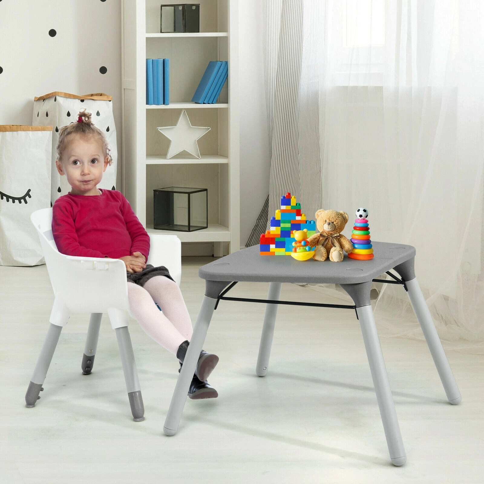 SUGIFT Gray 4-in-1 Convertible Baby High Chair and Toddler Table Set with PU Cushion 37-in Tall 33-lb Seat