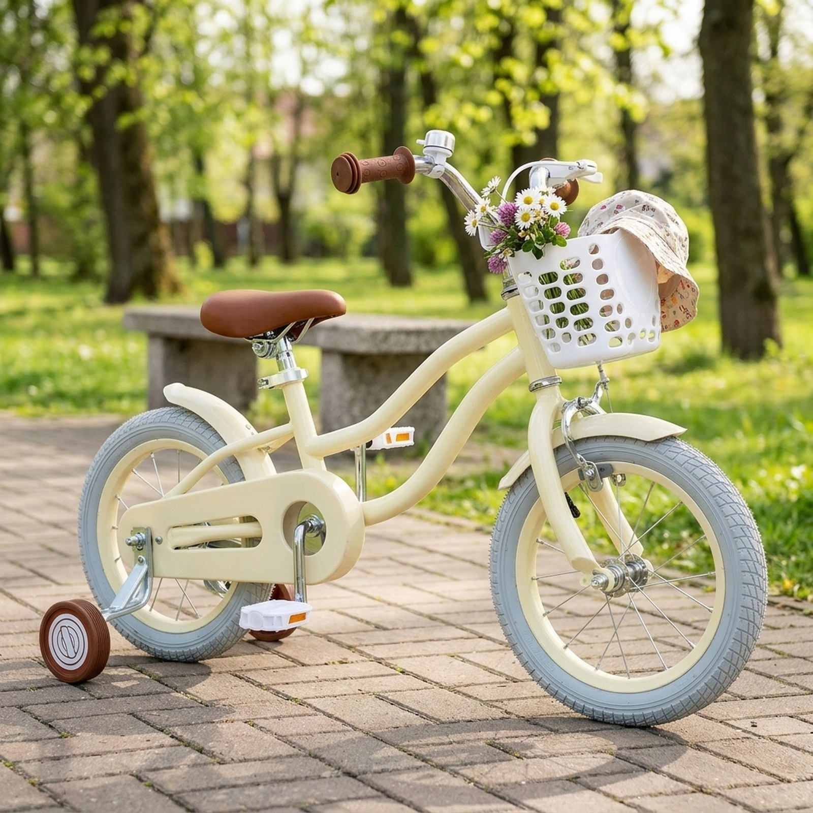 14-in Kids Bike Removable Storage Basket Training Wheels Adjustable Handlebar and Seat Pneumatic Tires Ages 3-5 Beige