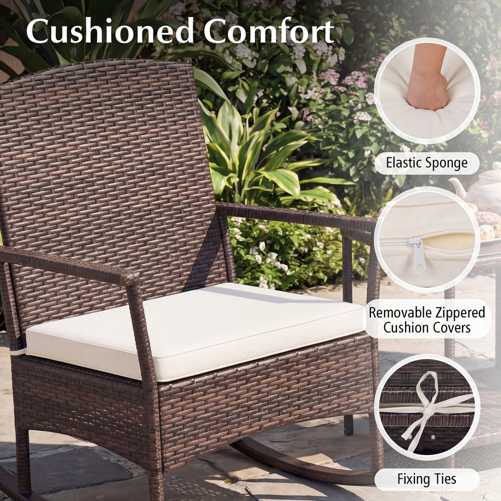 SUGIFT Patio Rocking Conversation Set Wicker Rocking Chairs & 2-Tier Coffee Table 400-lb Chair Capacity Off White Mix