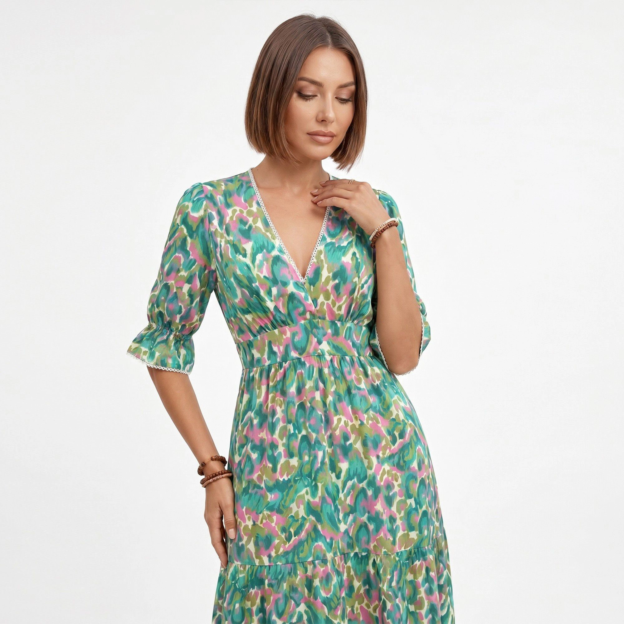 Anna-Kaci Women's Printed V-Neck Smocked Waist Tiered Skirt Midi Dress
