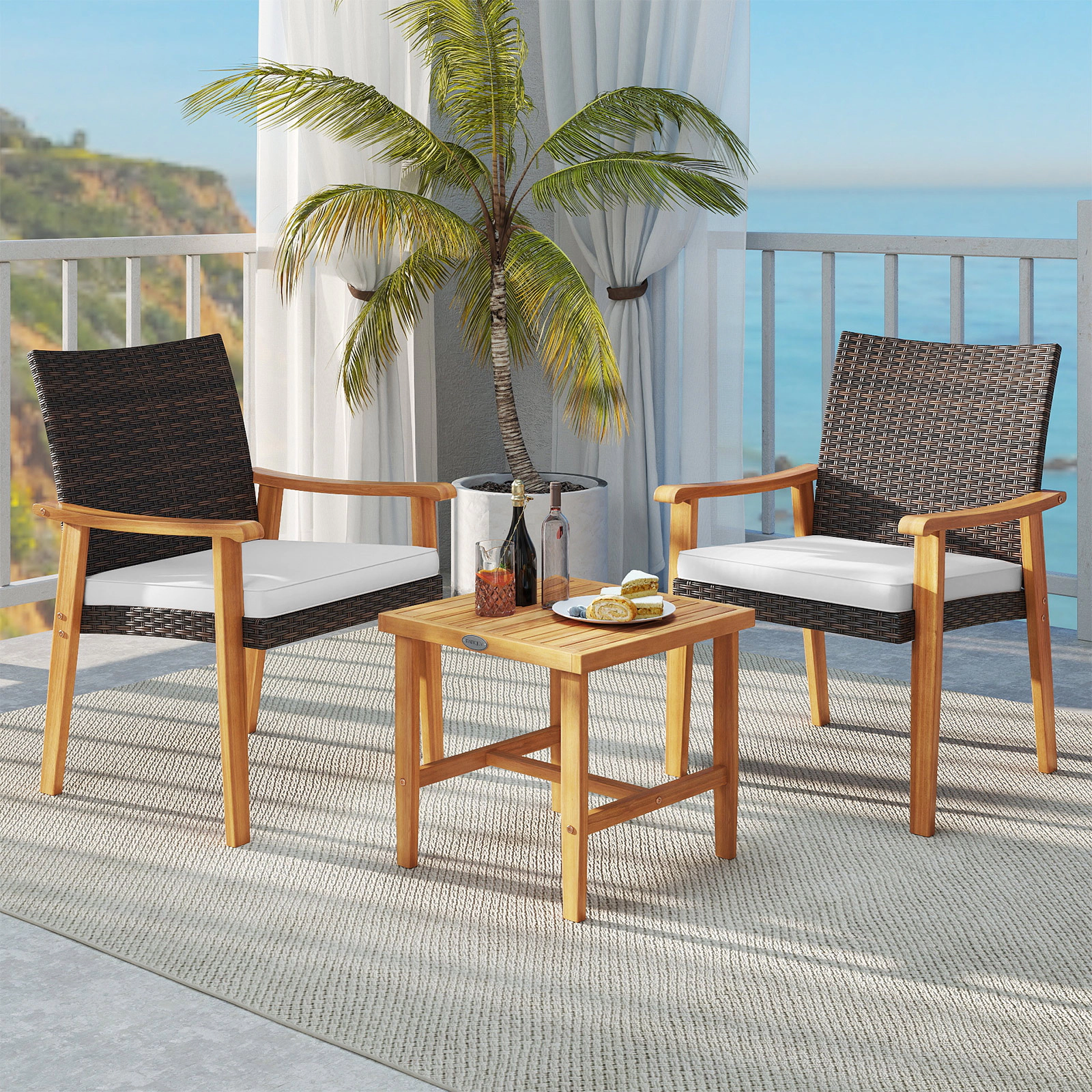 LJG 3 Pieces Patio PE Wicker Furniture Set Acacia Wood Outdoor Conversation Bistro Set